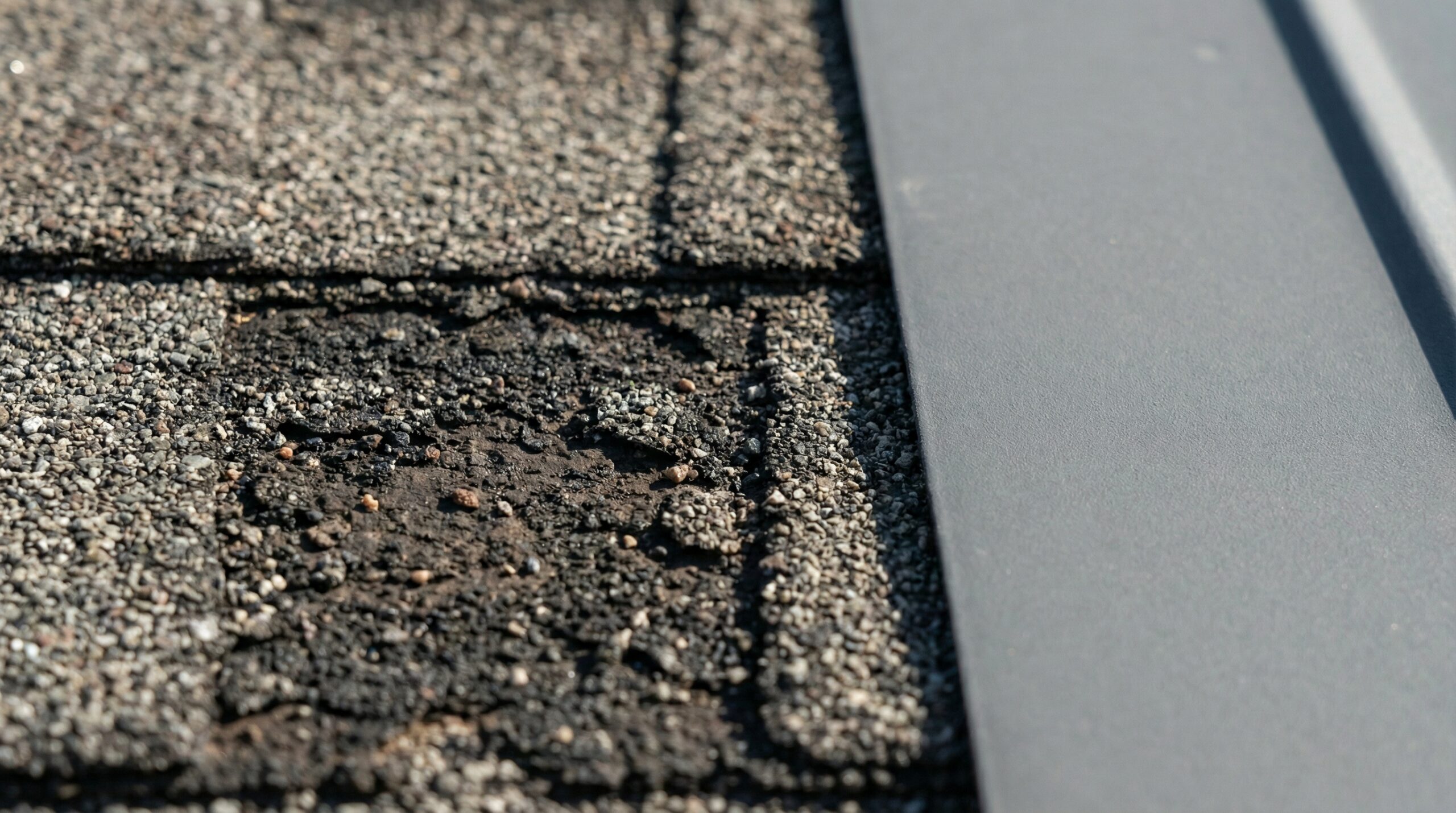 close-up view of asphalt shingle granule loss vs intact synthetic shingle