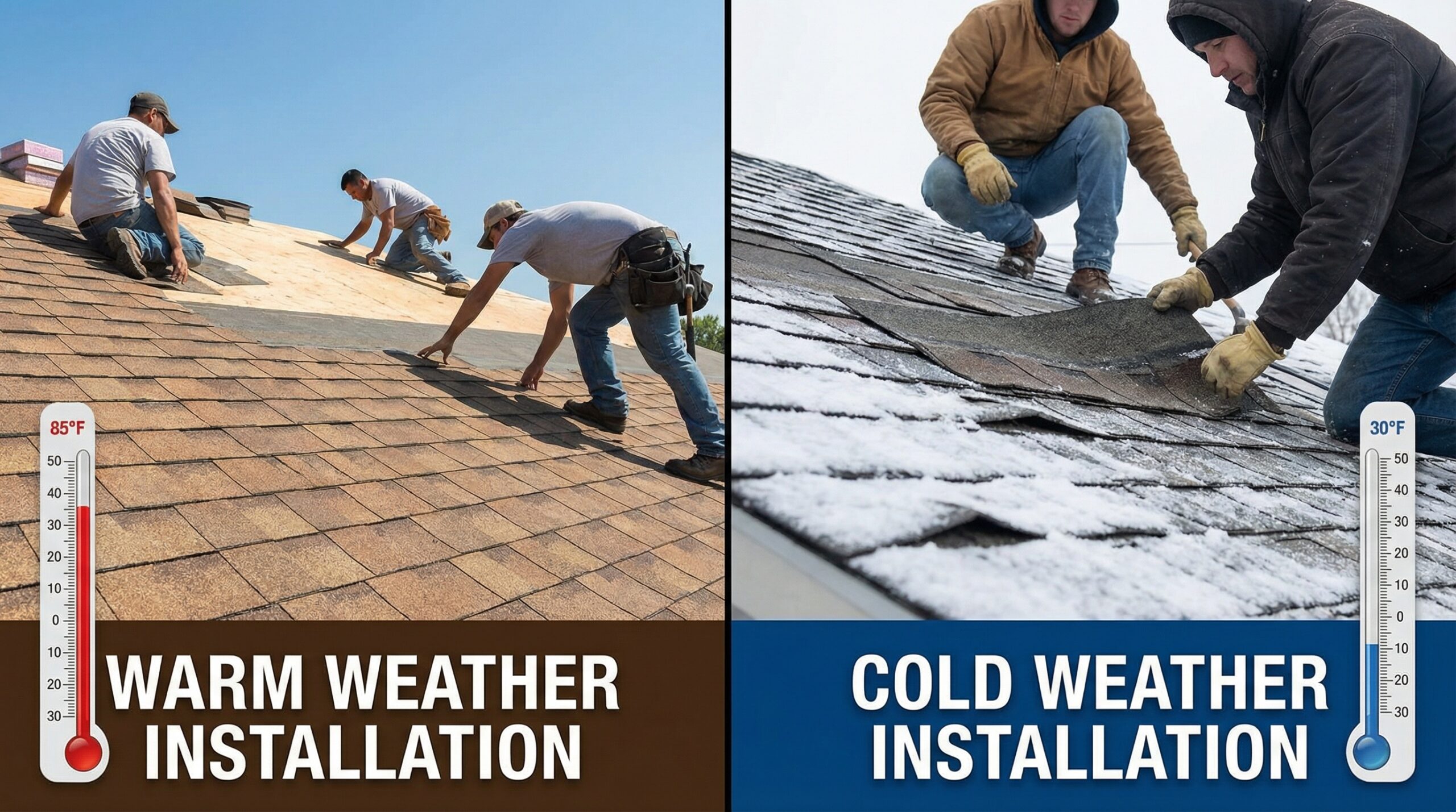 Side by side comparison of shingle installation in different weather conditions