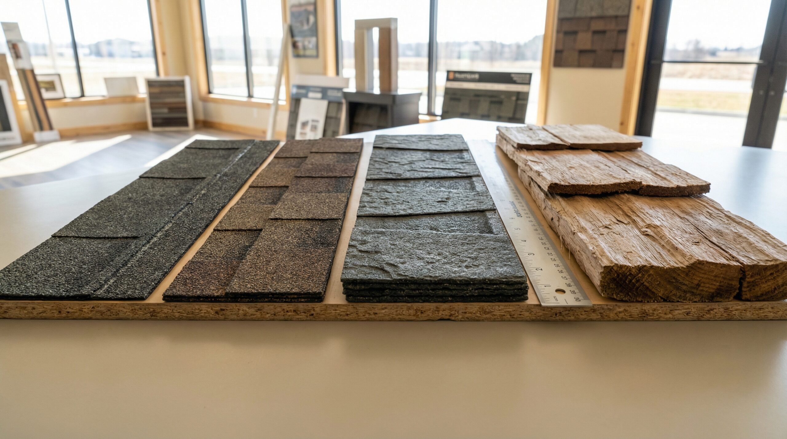 Comparison of different shingle types laid out showing thickness differences