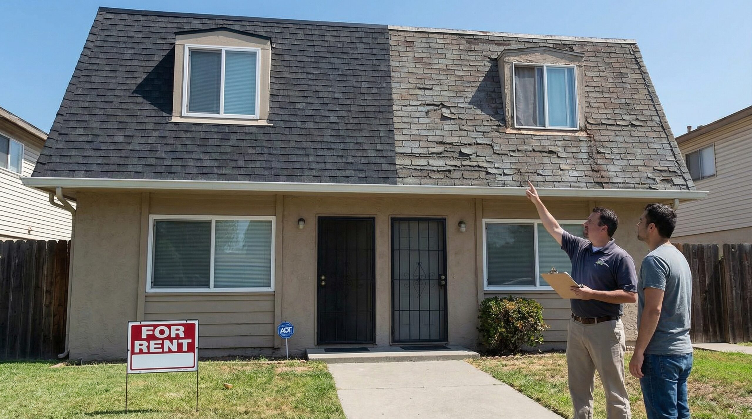 Close-up comparison showing normal vs accelerated shingle wear on student housing