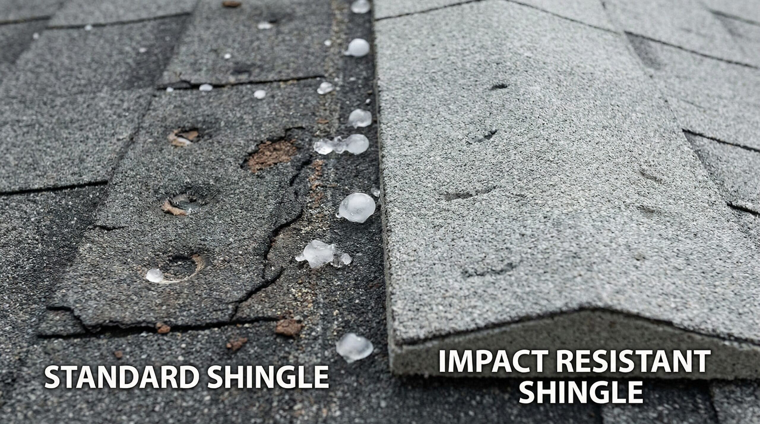 Close-up comparison showing damaged standard shingles next to intact impact resistant shingles after hail impact