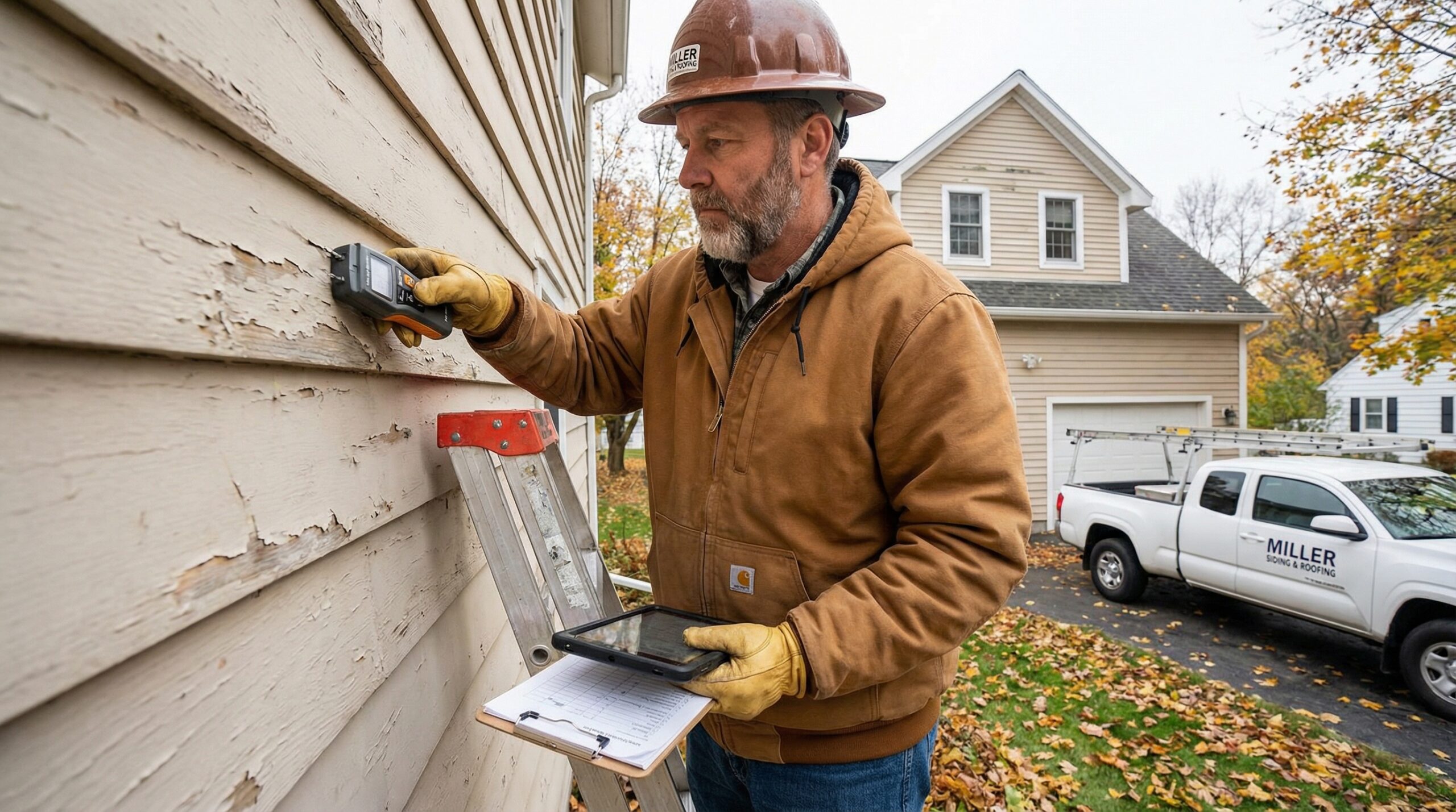 Professional contractor inspecting warped siding with tools