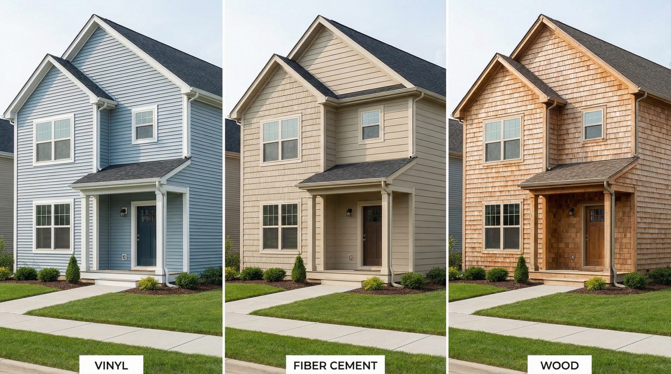 Side by side comparison of vinyl, fiber cement, and wood siding on homes