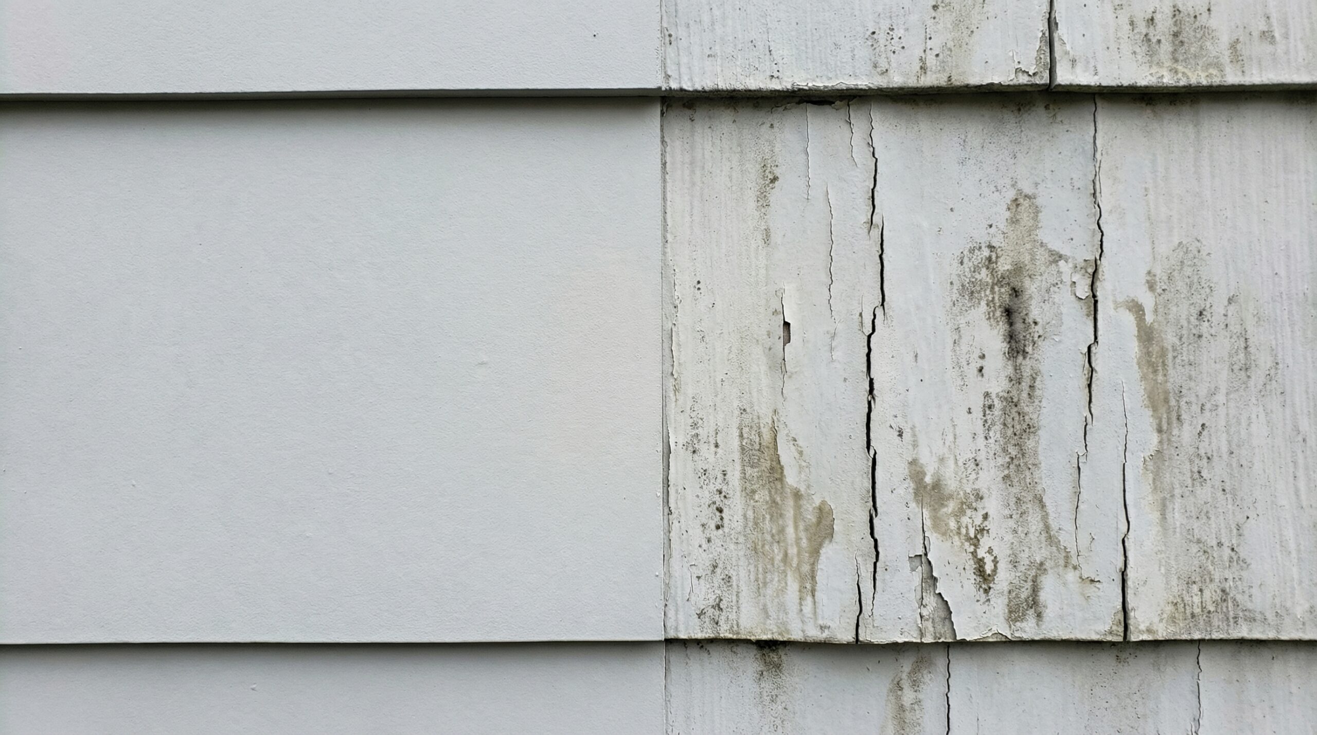 Close-up comparison showing healthy siding versus damaged siding with visible cracks and moisture damage