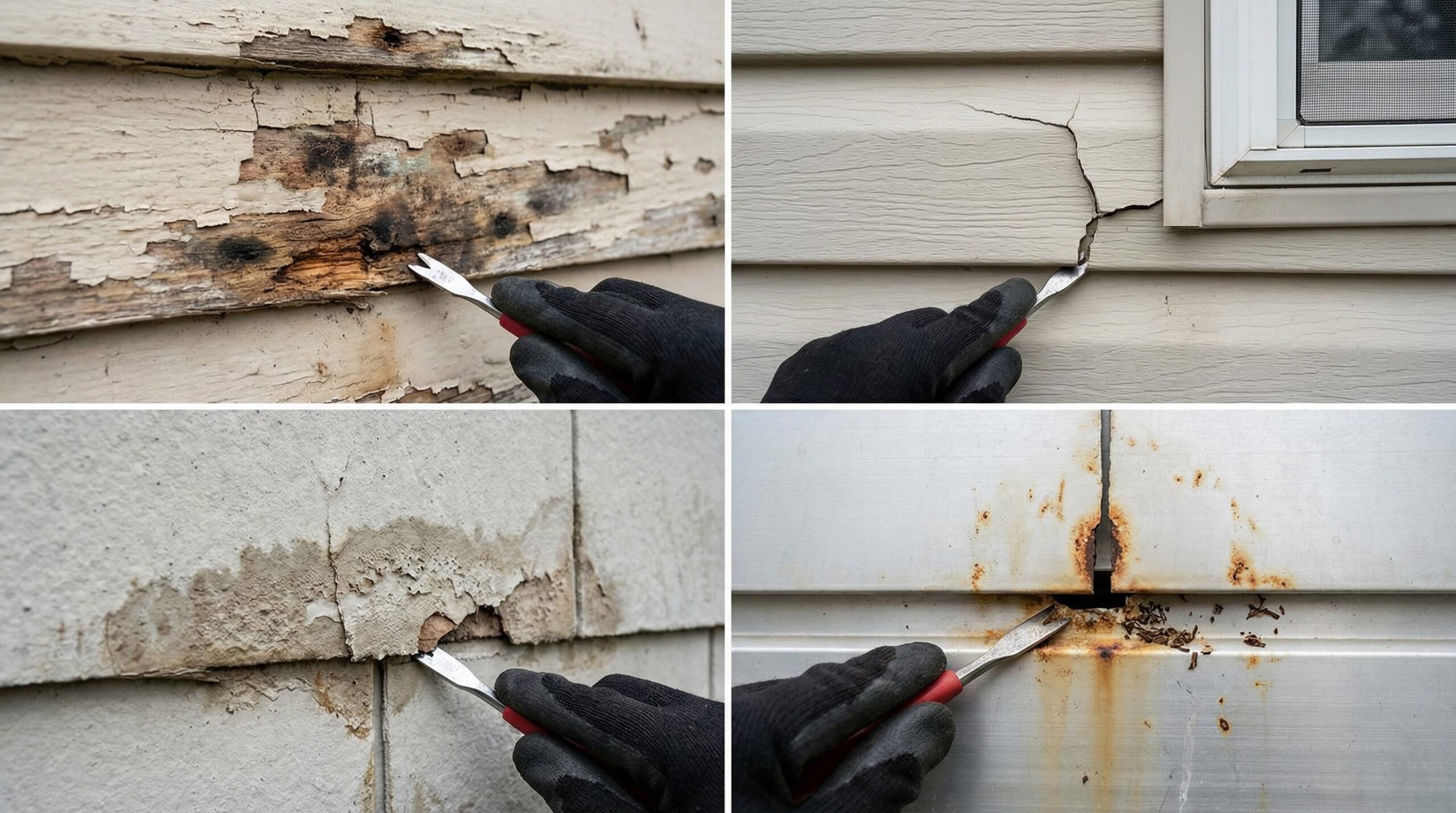Close-up inspection of siding showing common problem areas to check