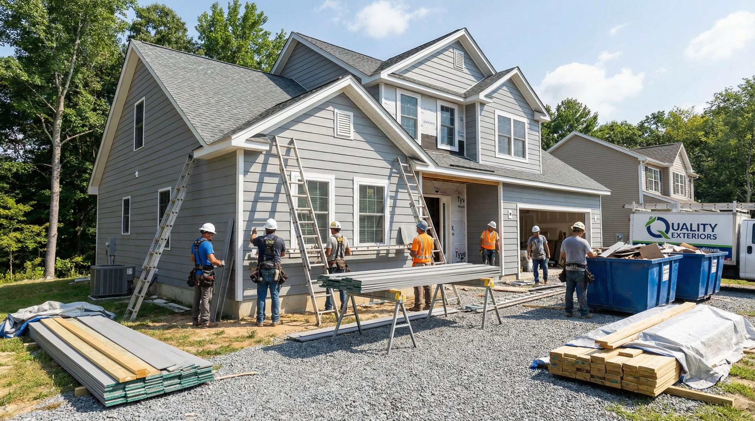 Professional siding installation crew working on a Glen Mills home with proper staging and cleanup