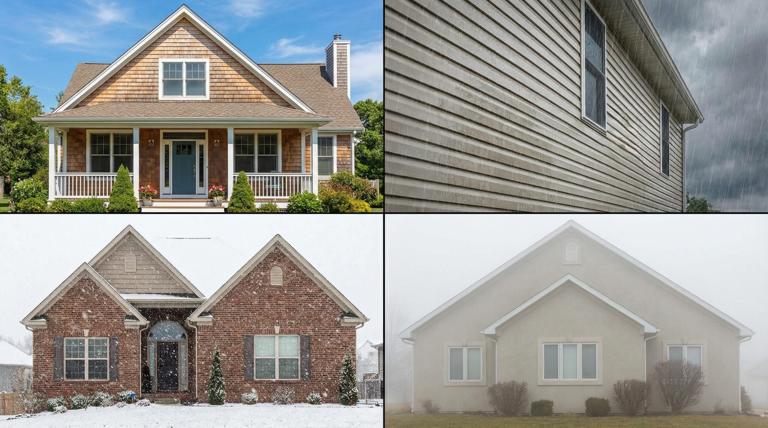 Split image showing different siding materials on homes in various weather conditions