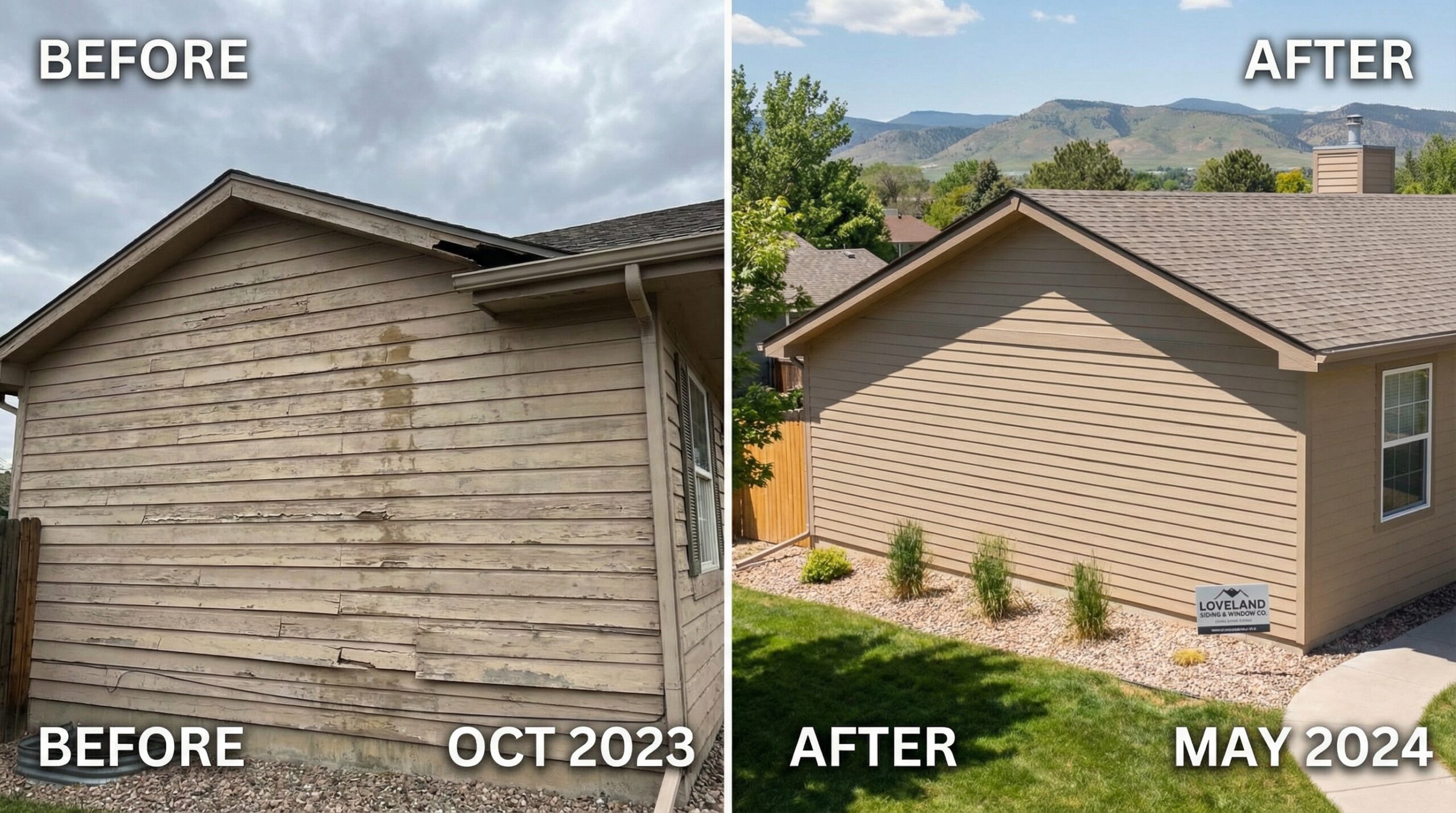 Before and after photos of a siding project in Northeast Ohio showing moisture damage repair