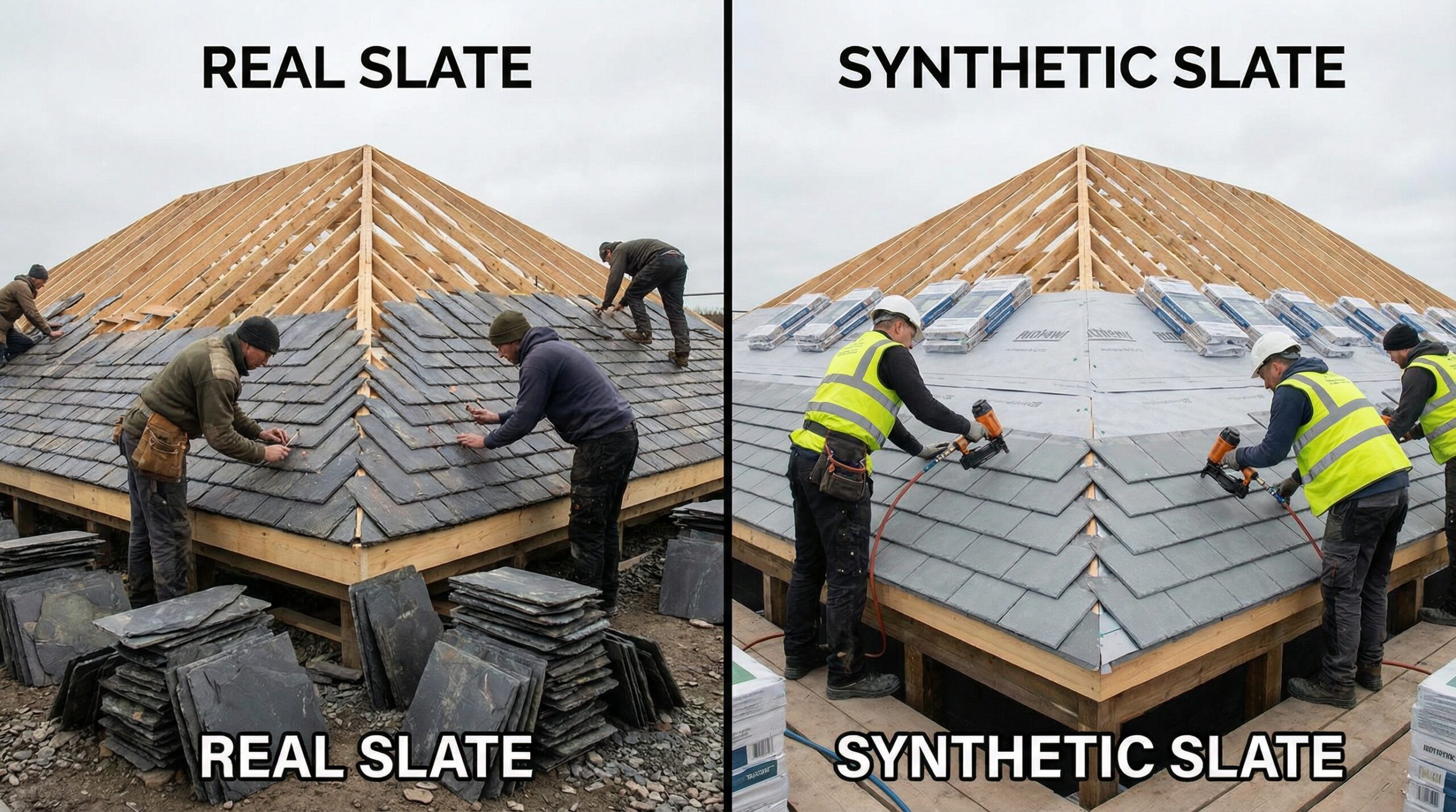 side-by-side installation comparison showing real slate and synthetic slate being installed on similar roof structures