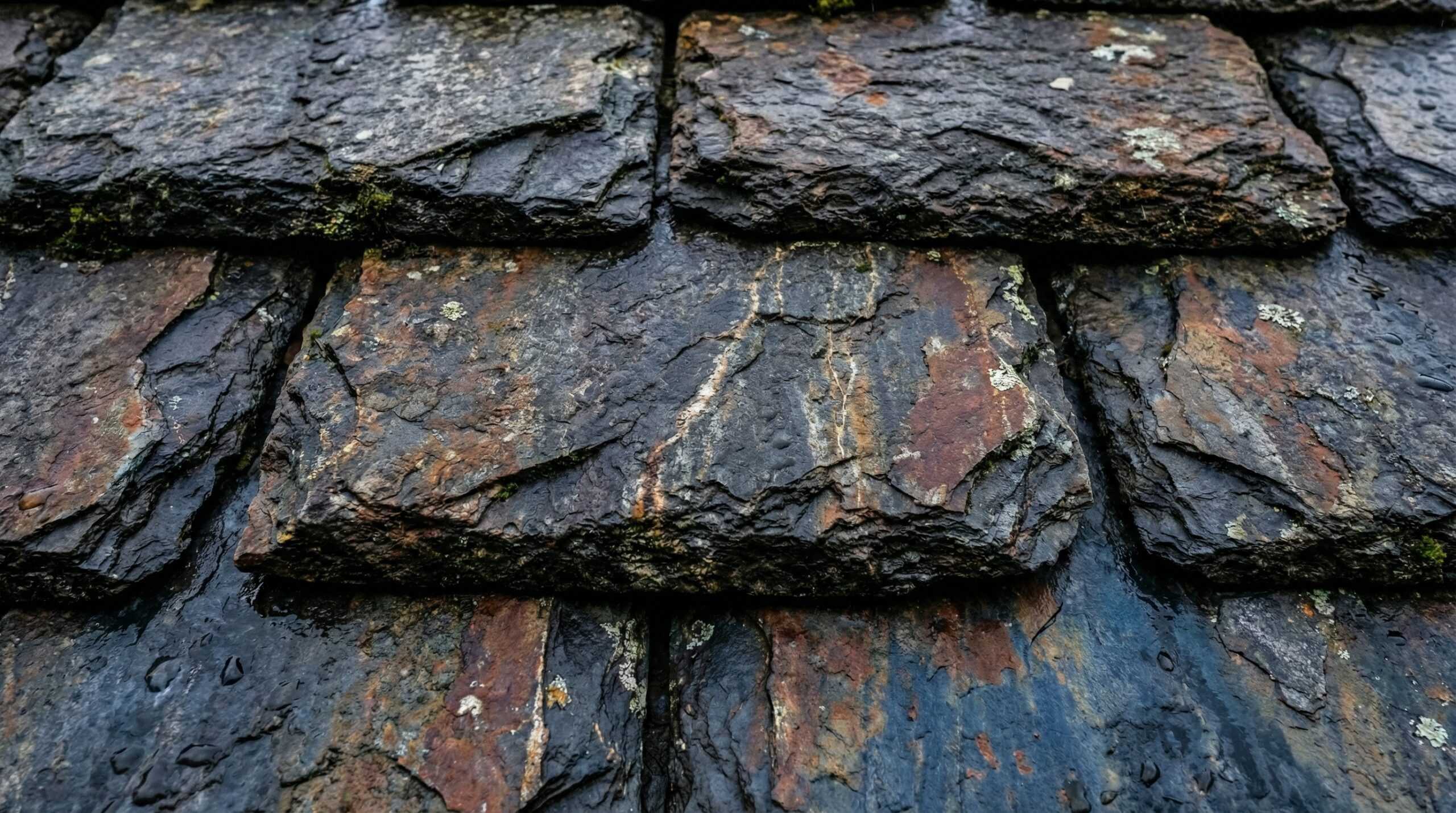 close-up of slate roof tiles showing natural stone texture and durability