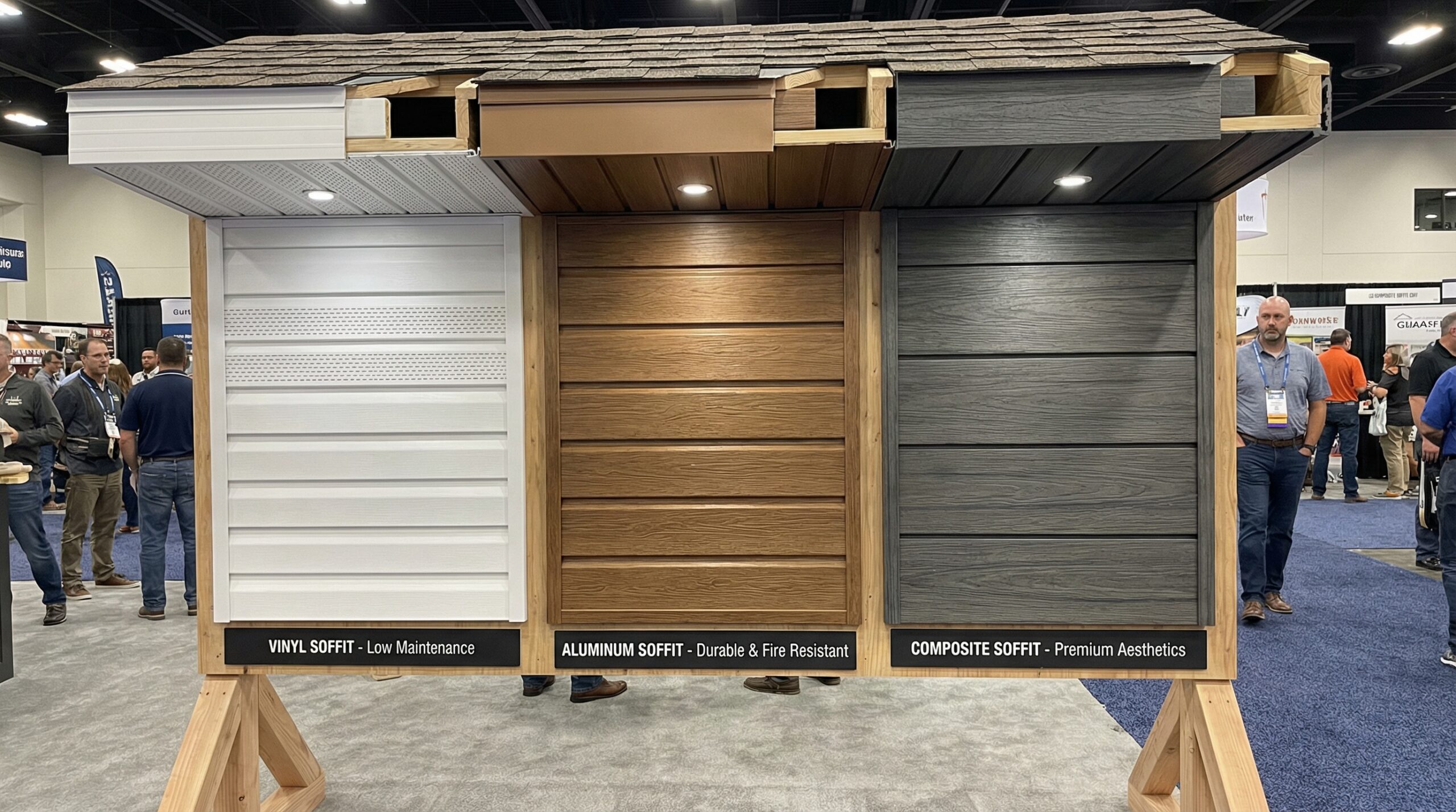 Comparison of different soffit materials showing vinyl, aluminum, and composite options