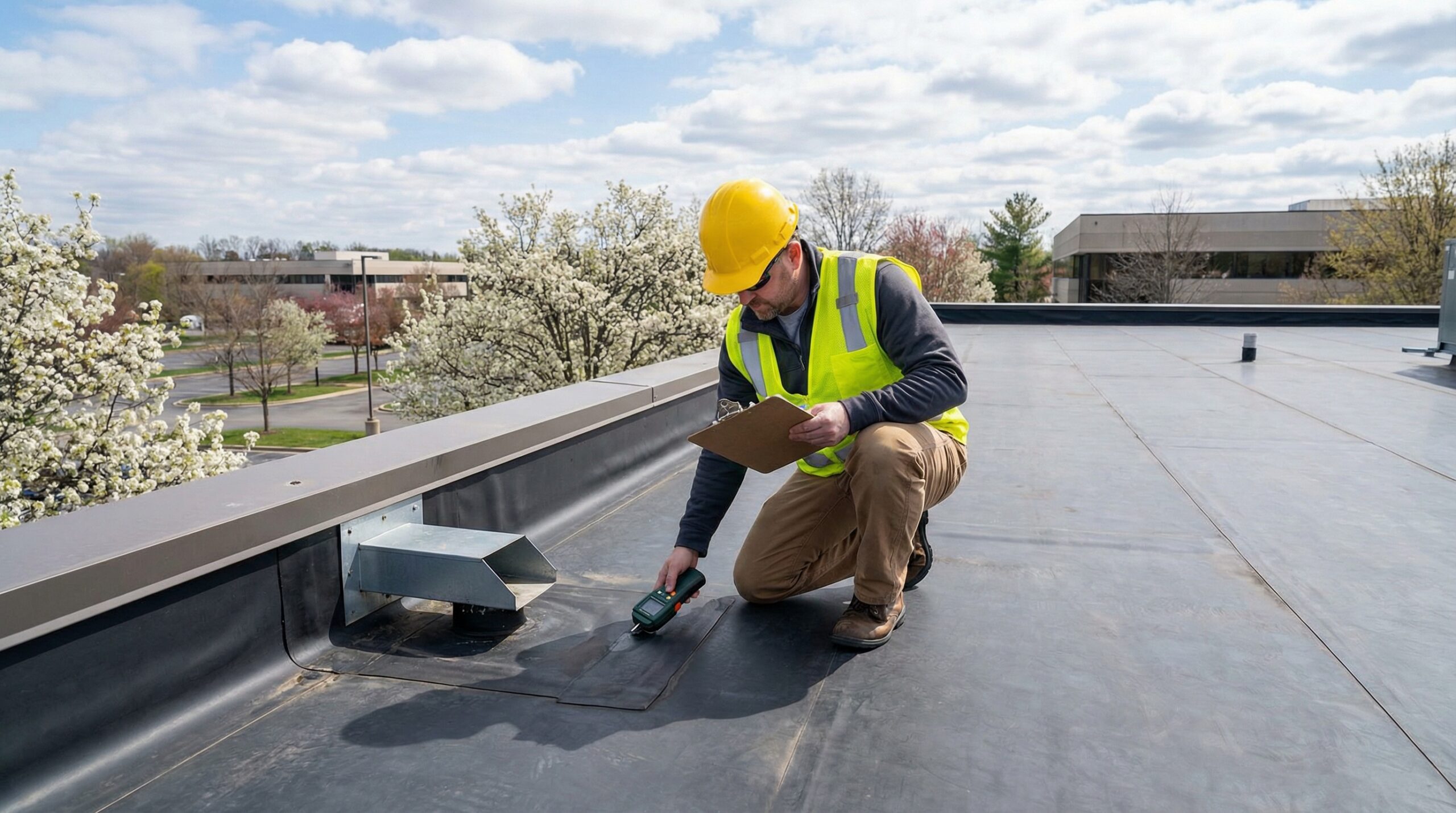 Spring flat roof inspection on commercial building