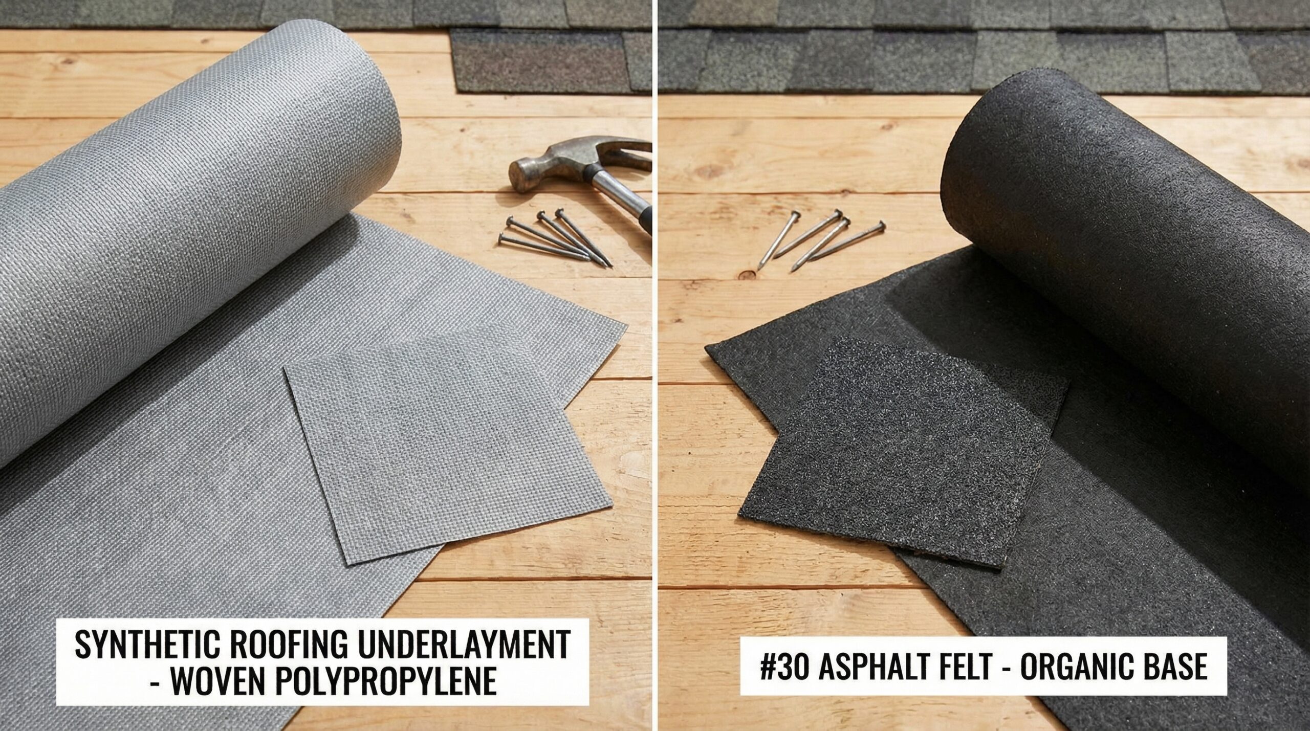 Side by side comparison of synthetic underlayment and felt underlayment materials