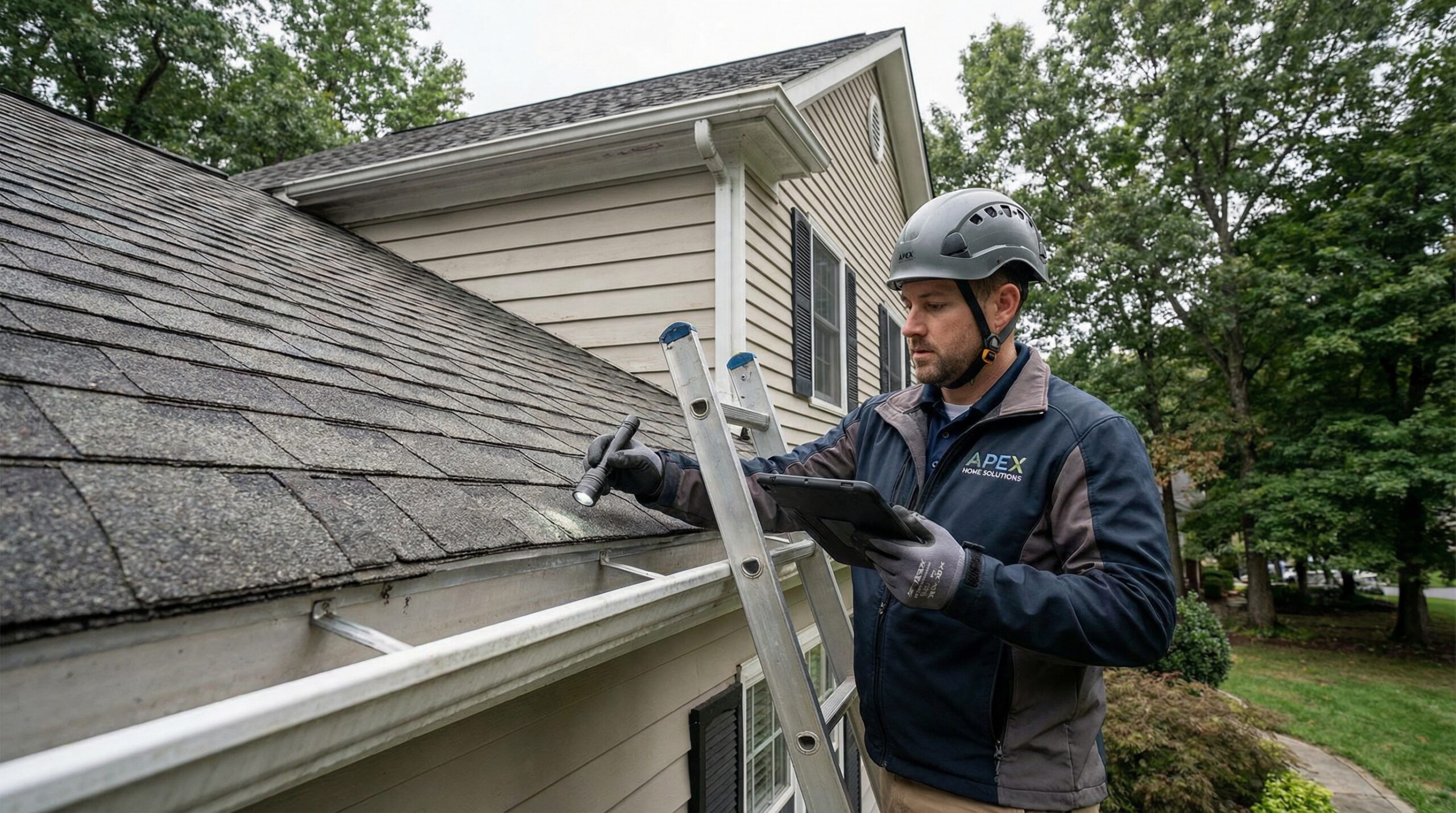 Professional technician inspecting roof, siding, and gutter integration points during maintenance