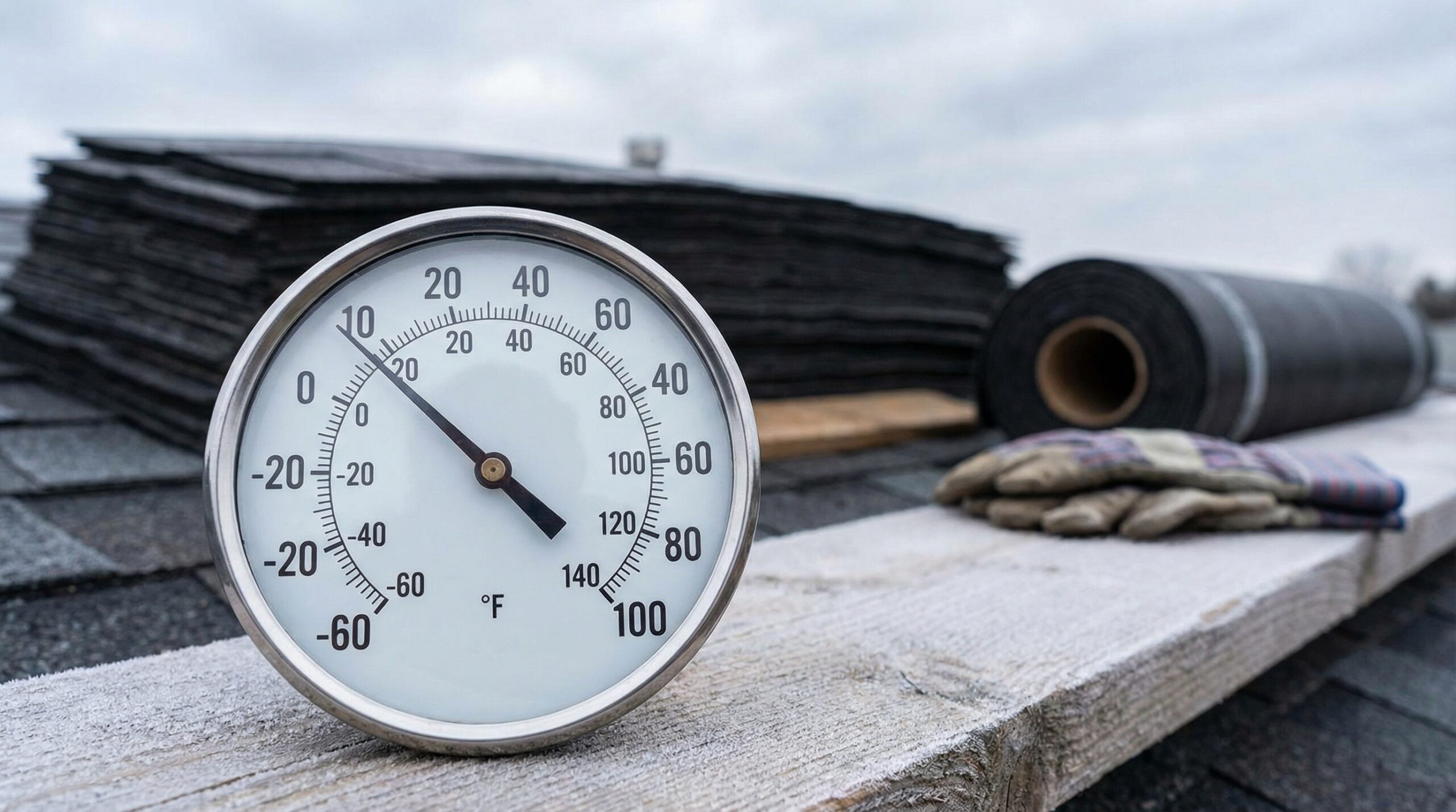 Temperature gauge showing 40 degrees with roofing materials