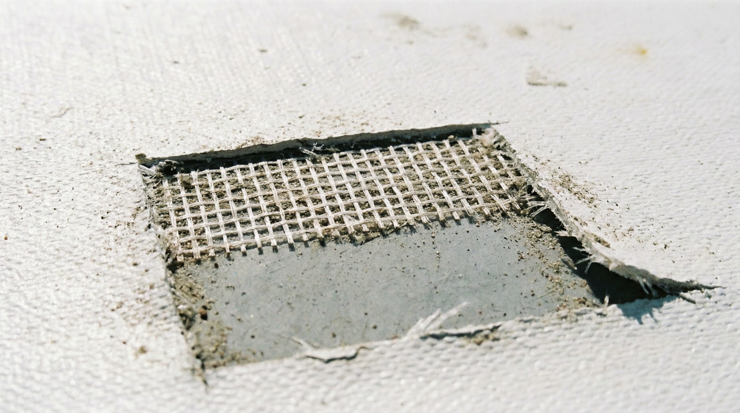 Close-up view of TPO membrane showing white reflective surface and reinforcement layers