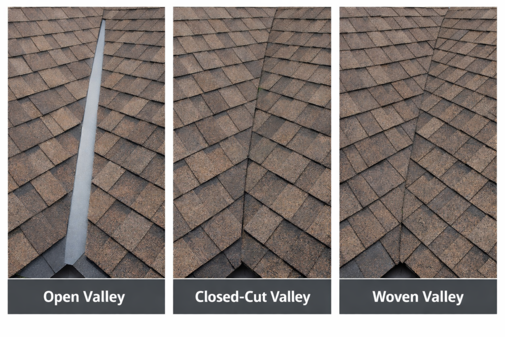 Examples of the three types of roof valleys