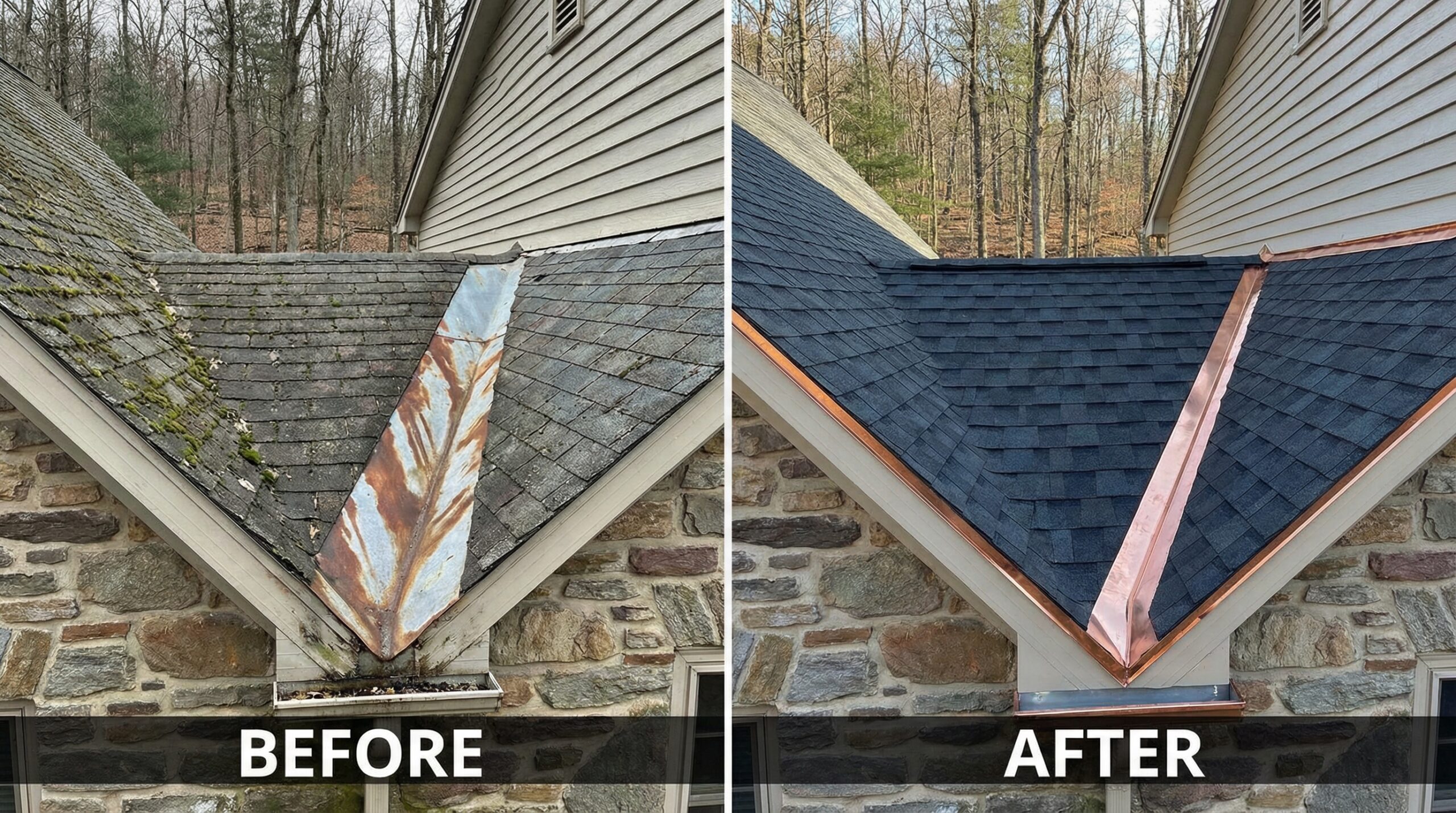 before and after photos showing valley leak repair on Pennsylvania home