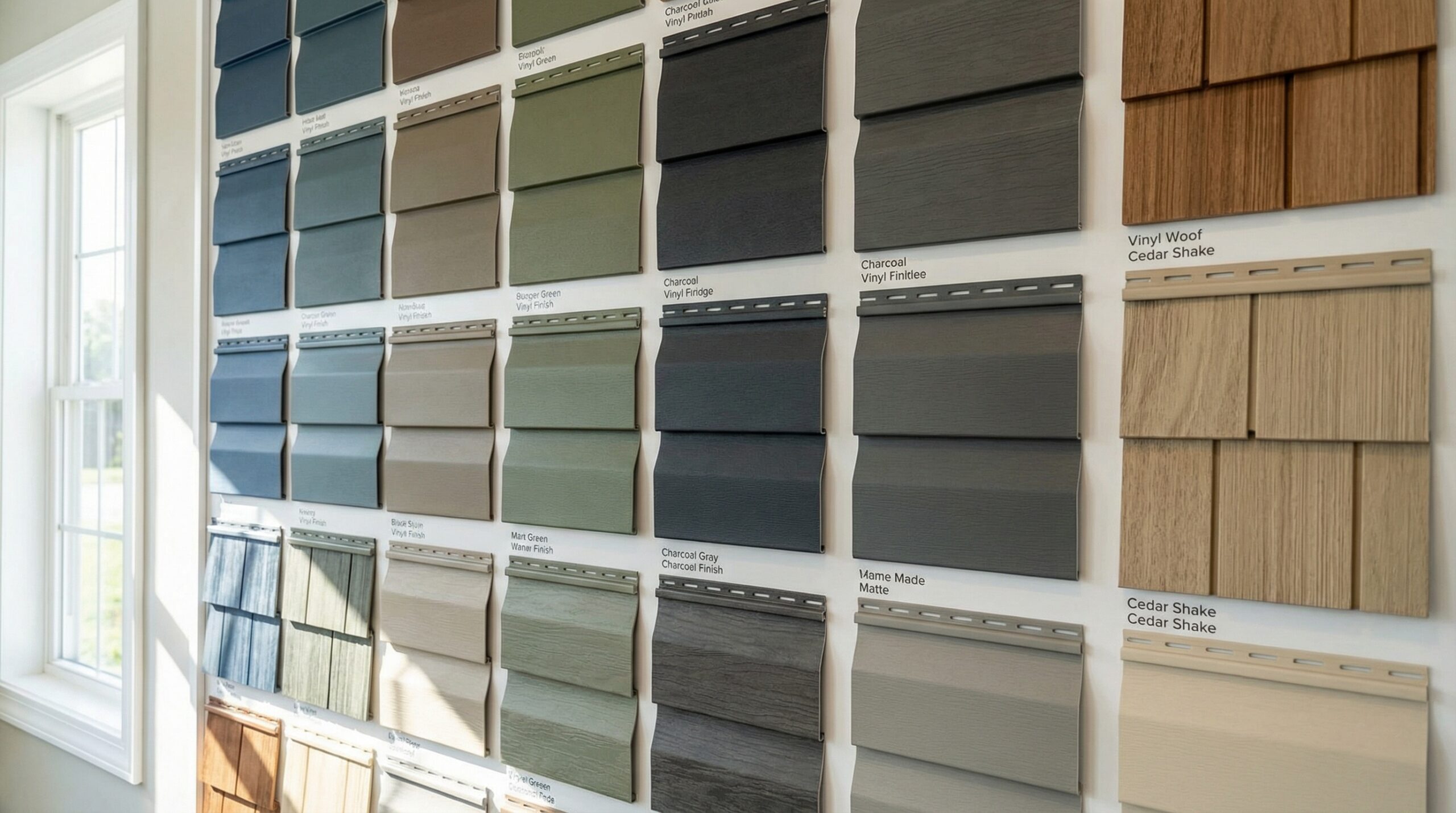 Different vinyl siding samples showing textures and colors