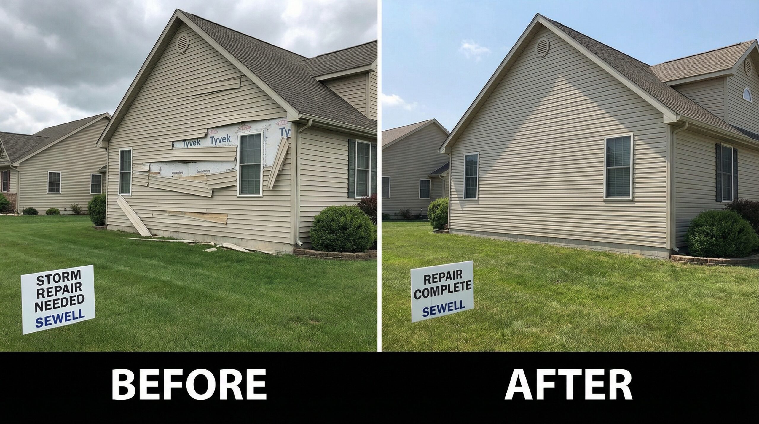 Before and after photos showing storm damage repair on vinyl siding in Sewell