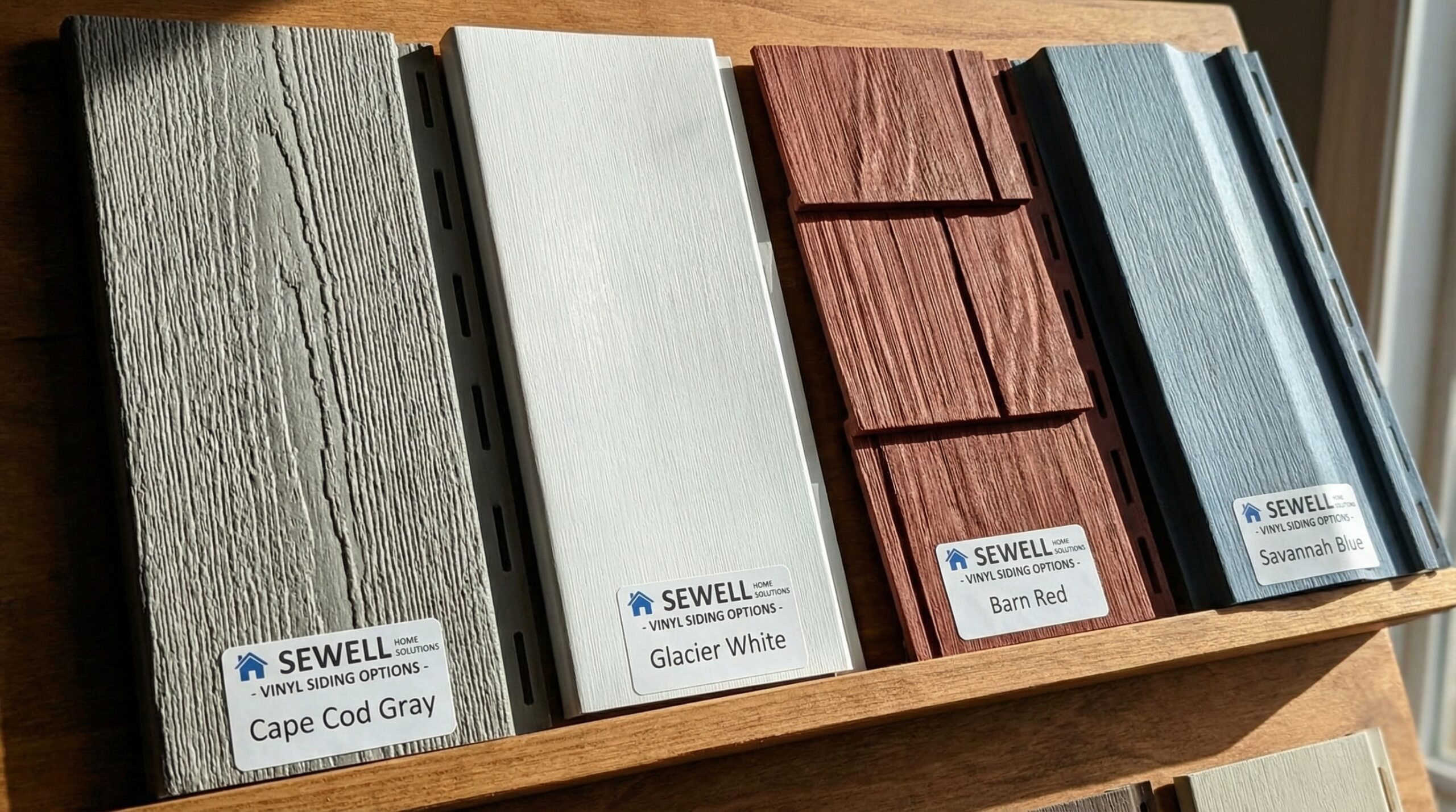 Close-up comparison of vinyl siding texture and color options available for Sewell homes
