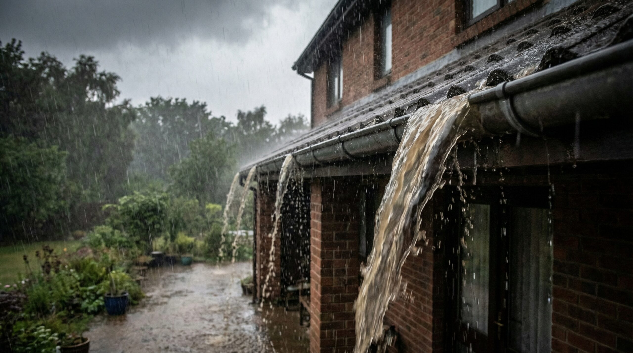 Water overflowing from gutters during rainstorm