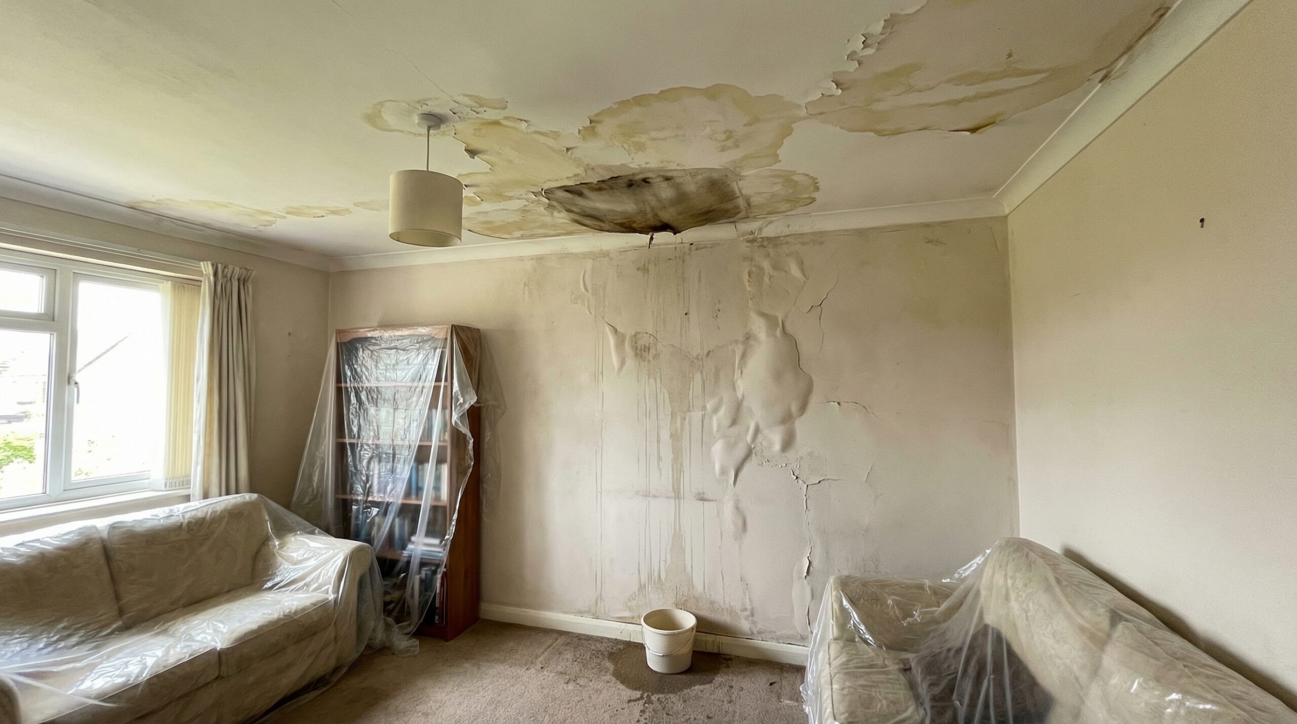 Water stains and ceiling damage from ice dam leak in home interior