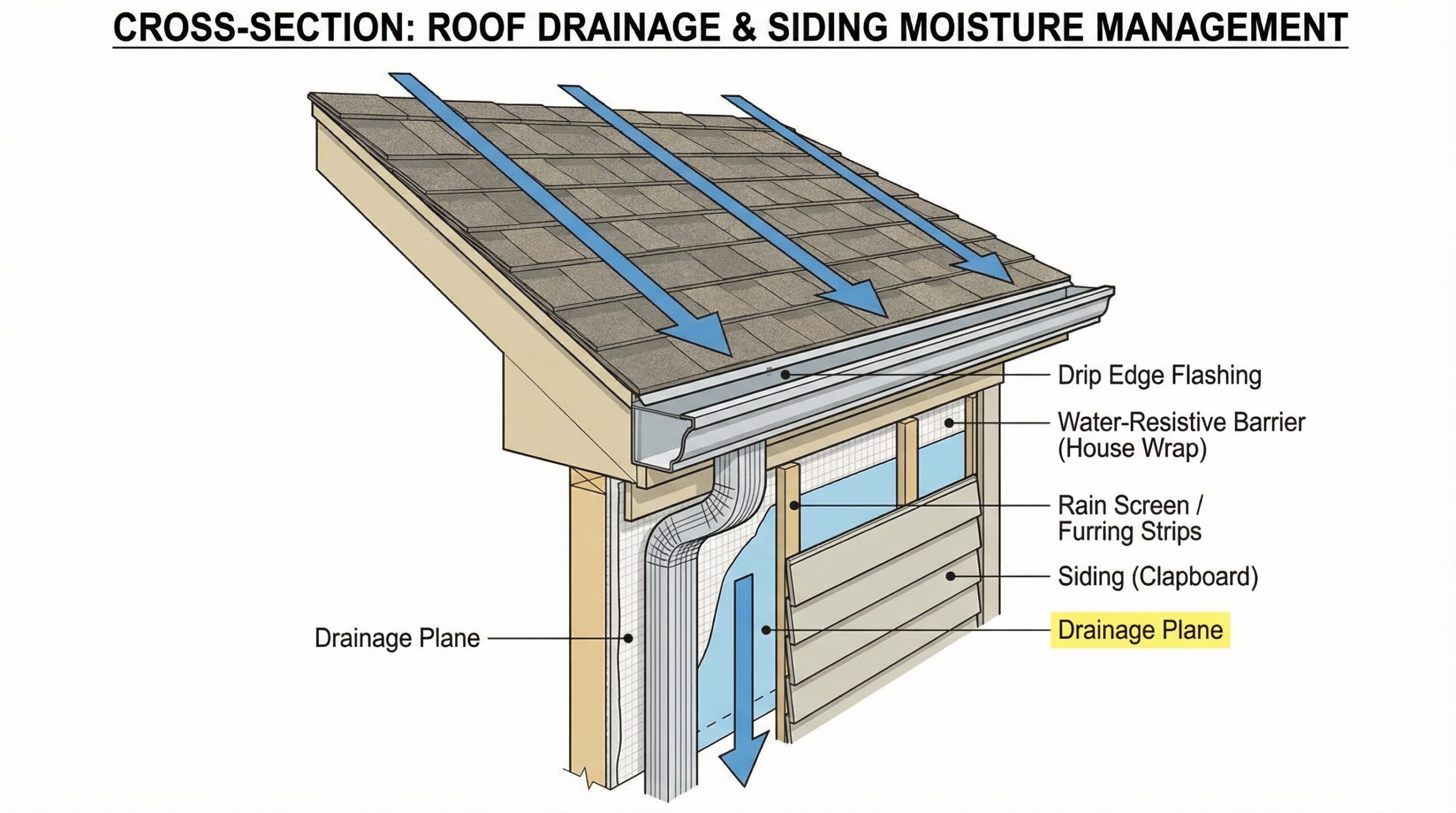 Cross-section diagram showing water flow from roof through gutters and proper siding moisture barriers