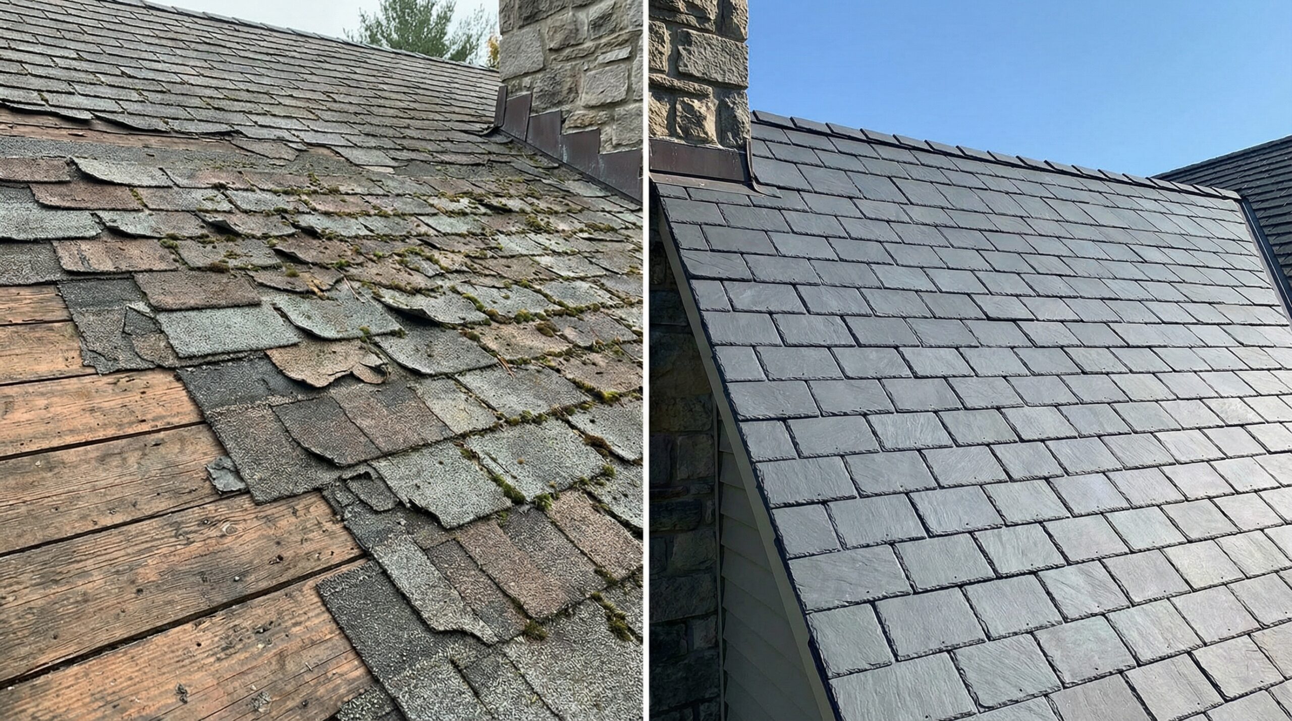 side-by-side comparison showing weathered asphalt shingles next to well-maintained synthetic shingles after 10 years