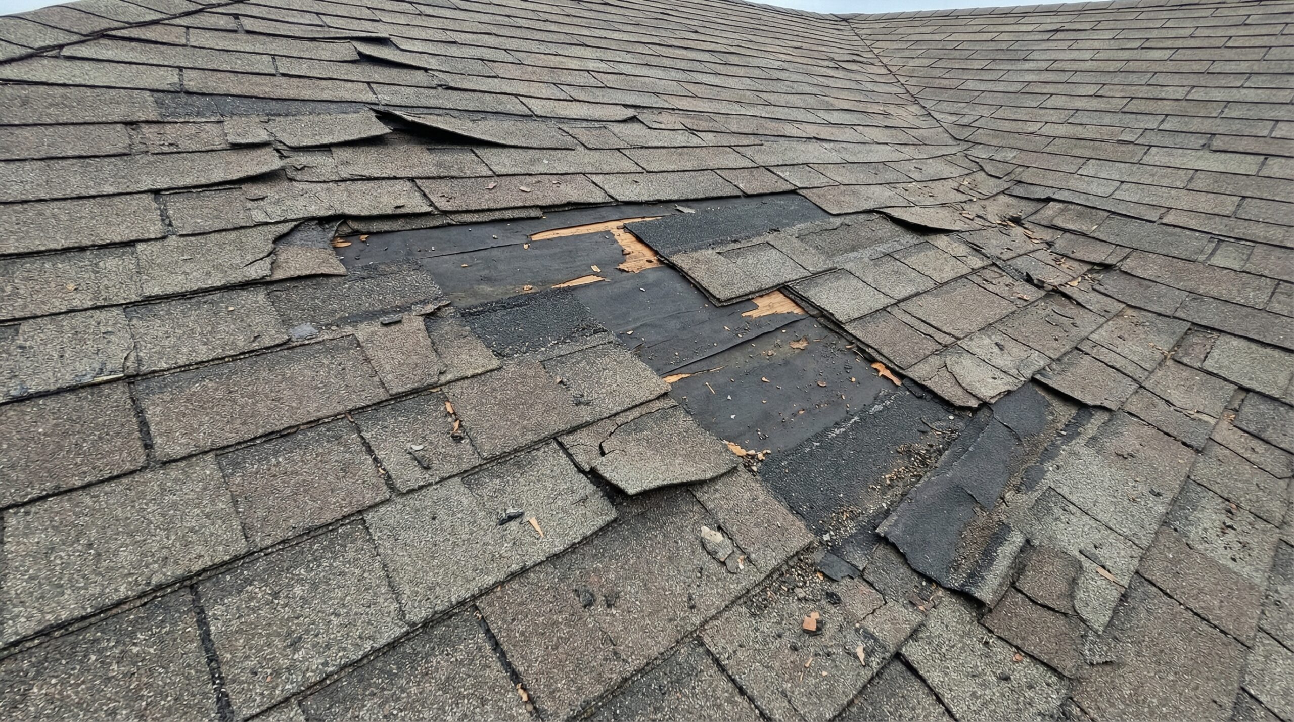 Wind damaged shingles on Rhode Island home