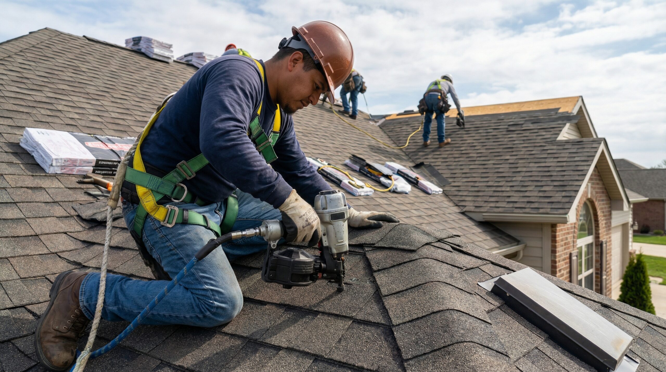 Worker installing impact-resistant shingles on residential home