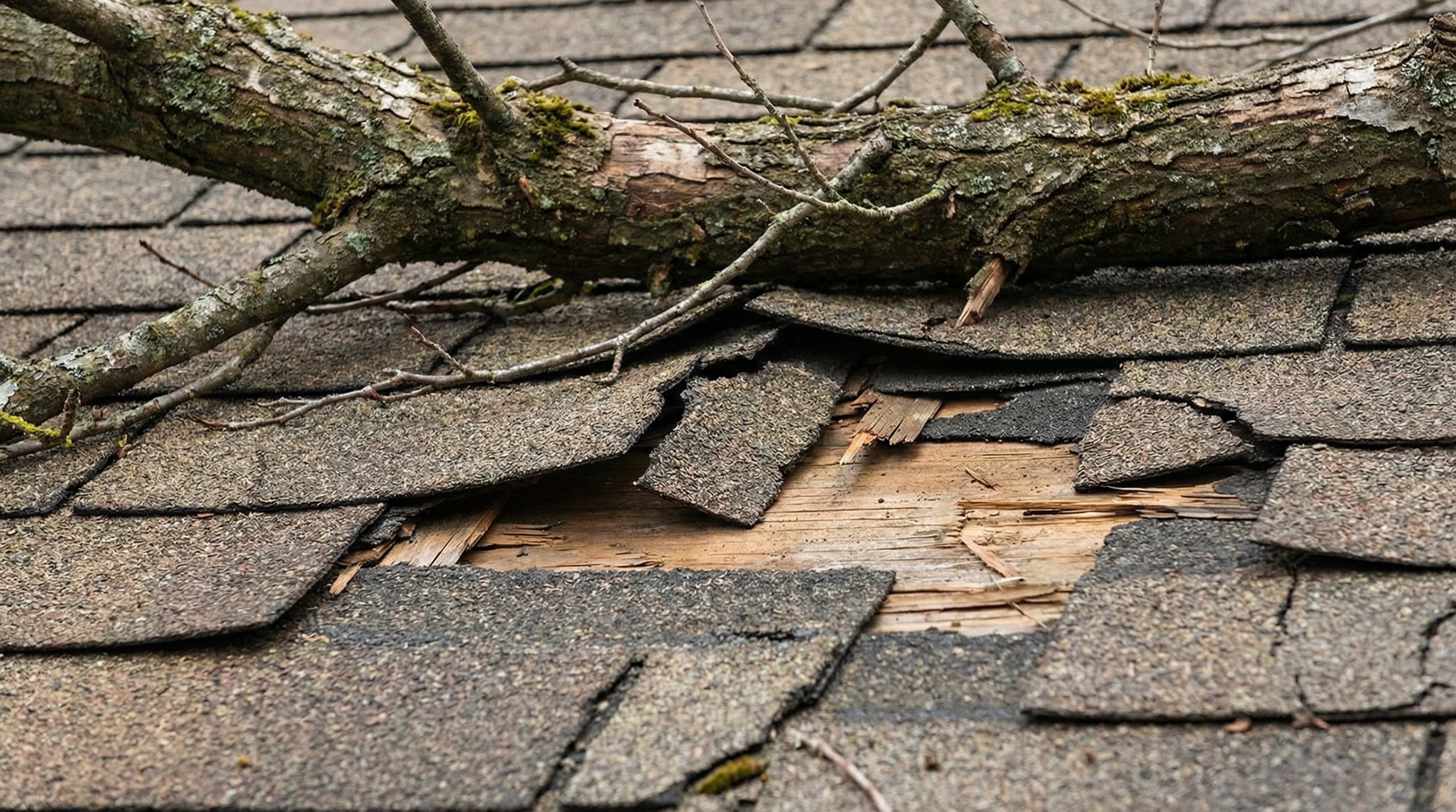 Close Up Of Roof Damage From Overhanging Tree Branch