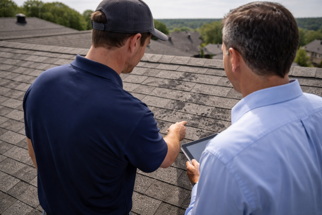 Homeowner and professional inspecting roof for hail damage