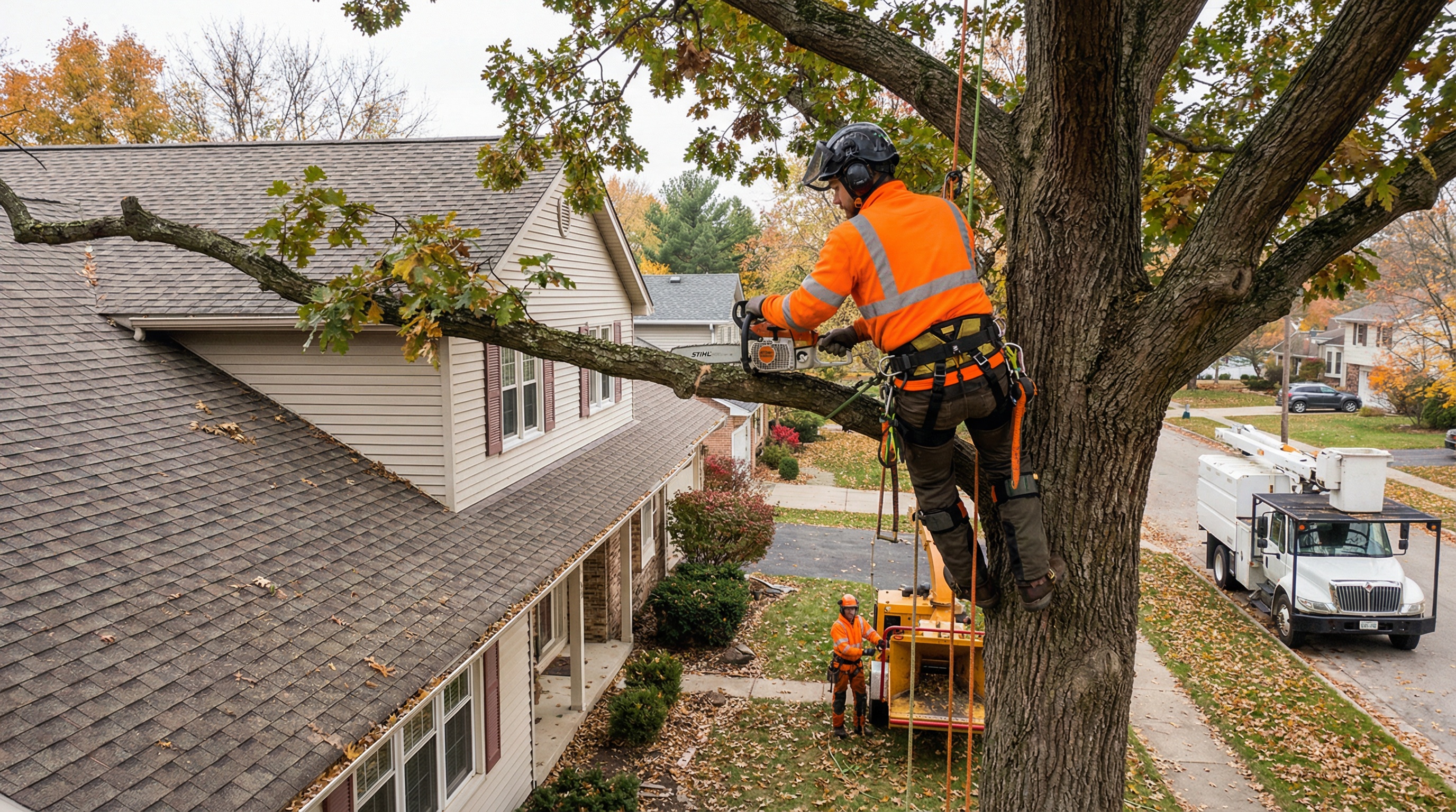 Professional Tree Trimming Service Working Near House Roof