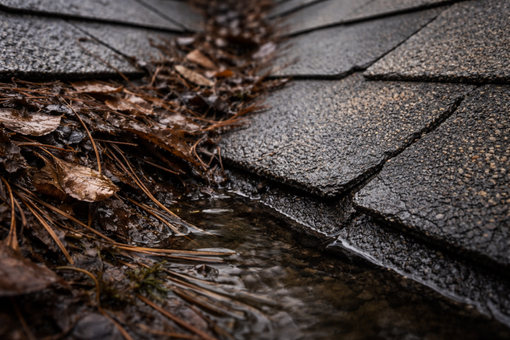Visualization of a clogged roof valley after rain