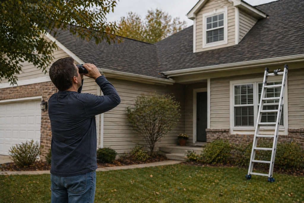 Visualization of homeowner safely inspecting roof