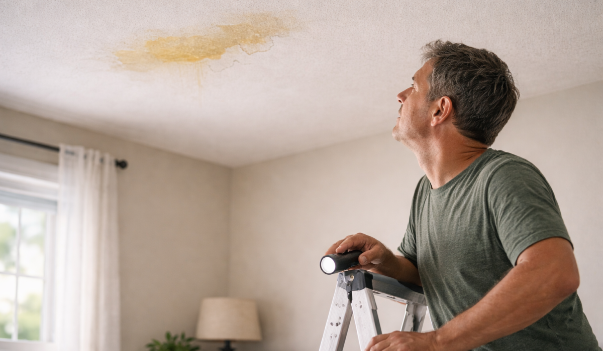 Homeowner inspecting roof leak