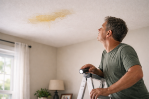 Homeowner inspecting roof leak