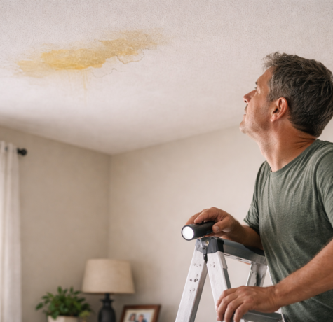 Homeowner inspecting roof leak