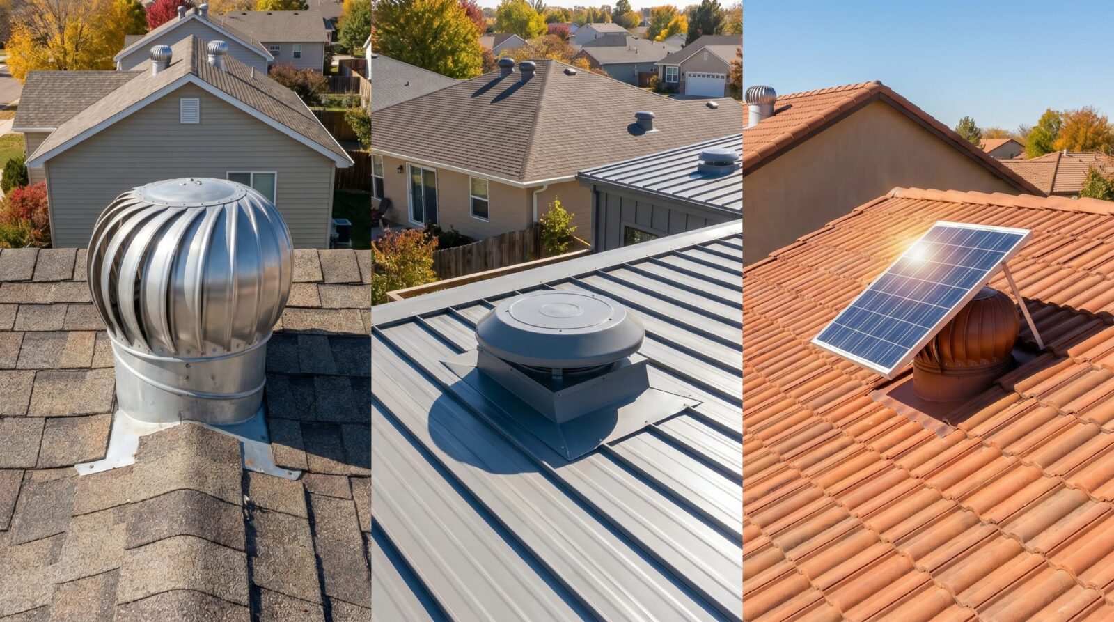 Various types of active attic vents including turbine, power, and solar fans mounted on different roof styles