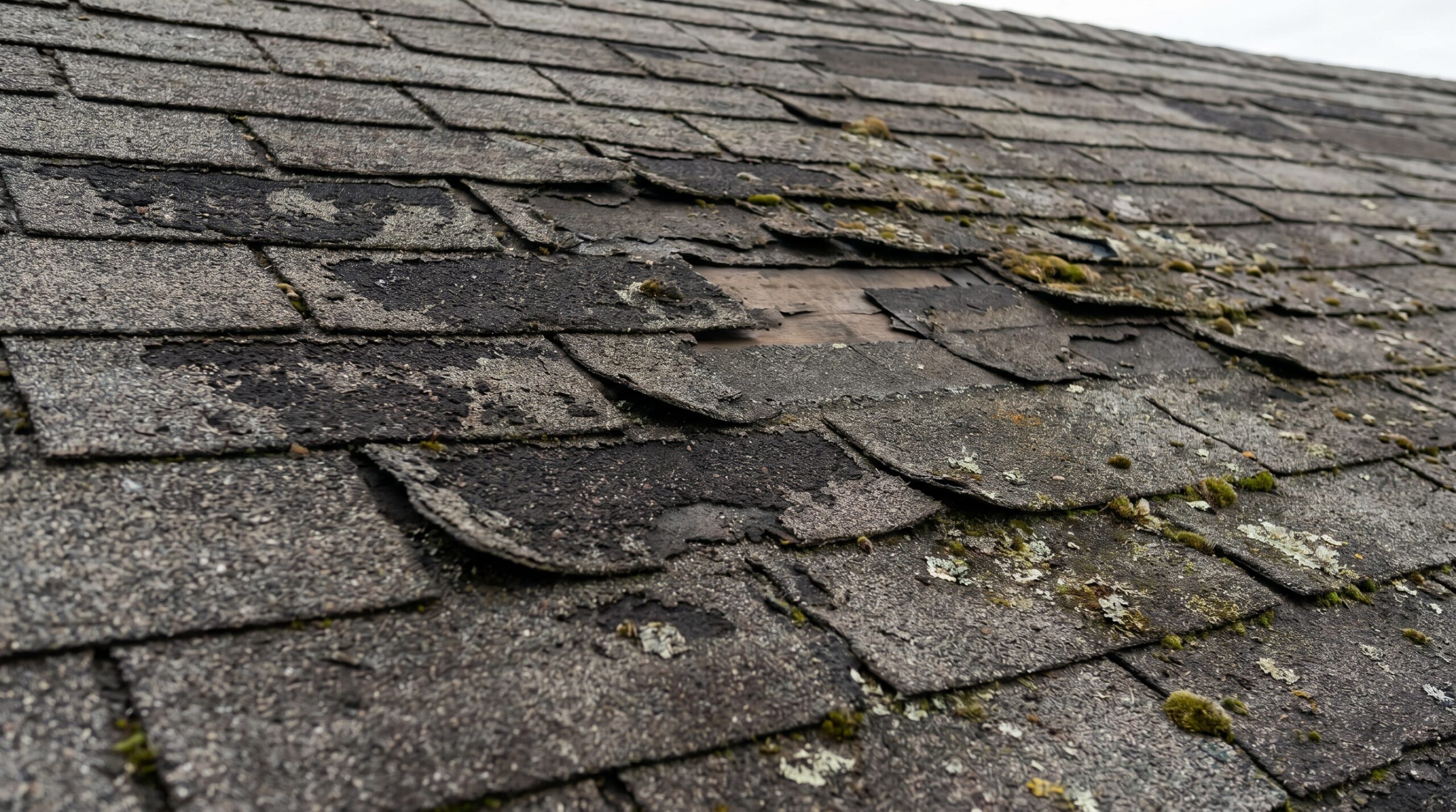 Roof showing signs of aging including granule loss, curling edges, and missing shingles