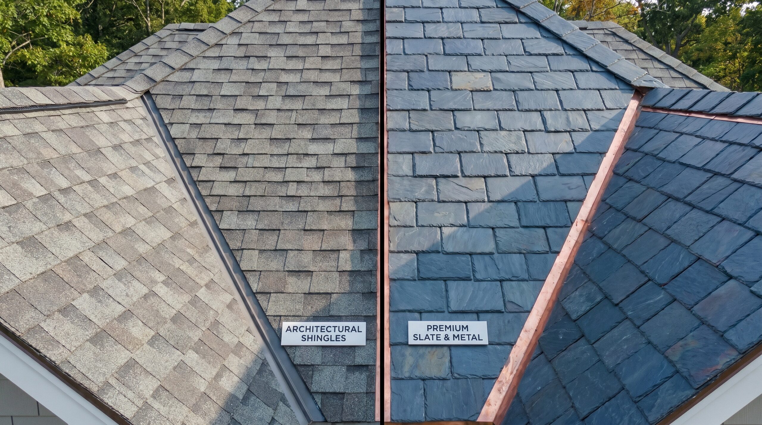 Side-by-side comparison of architectural shingles and premium roofing materials