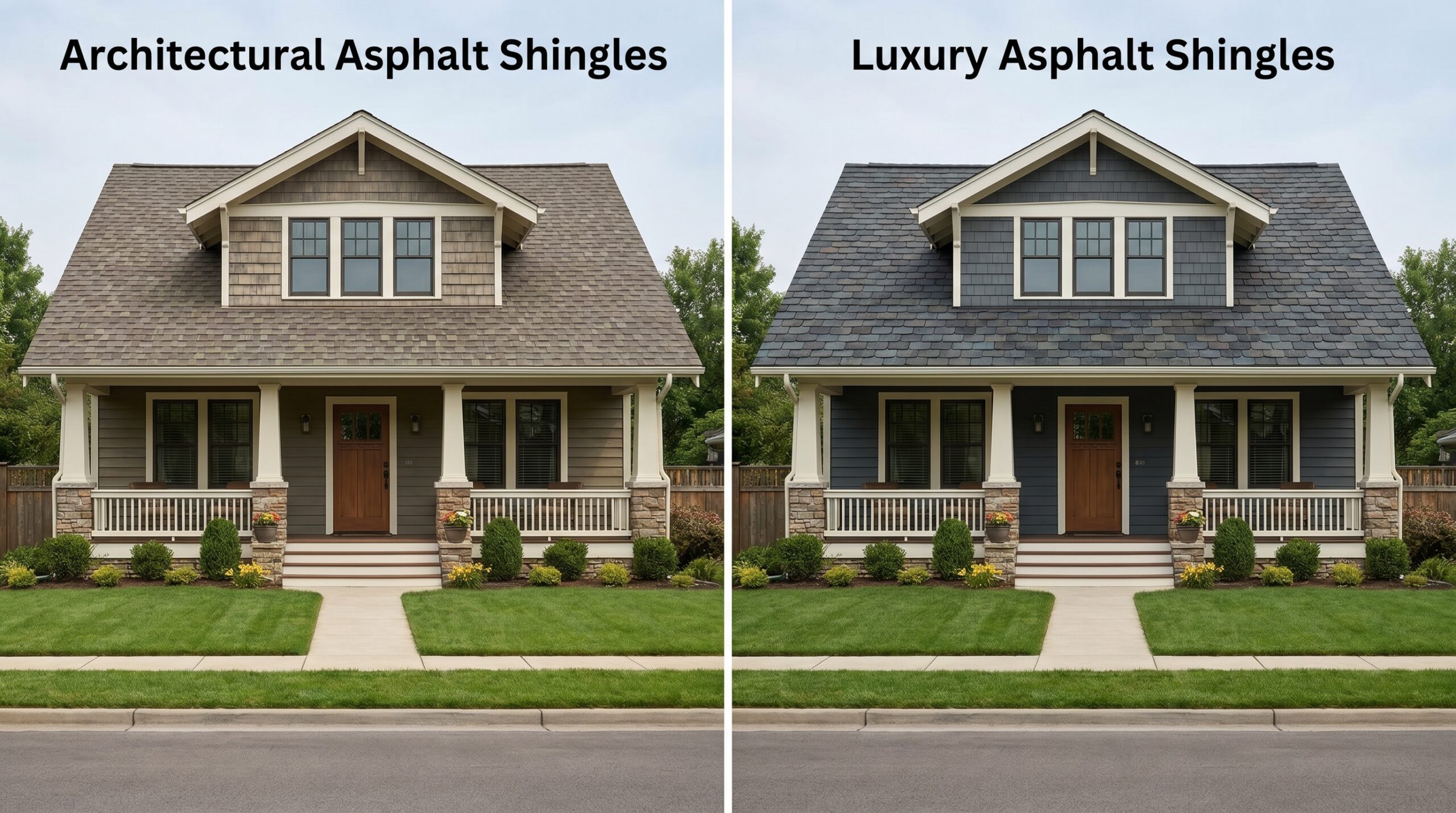 Side by side homes showing architectural vs luxury shingle appearance