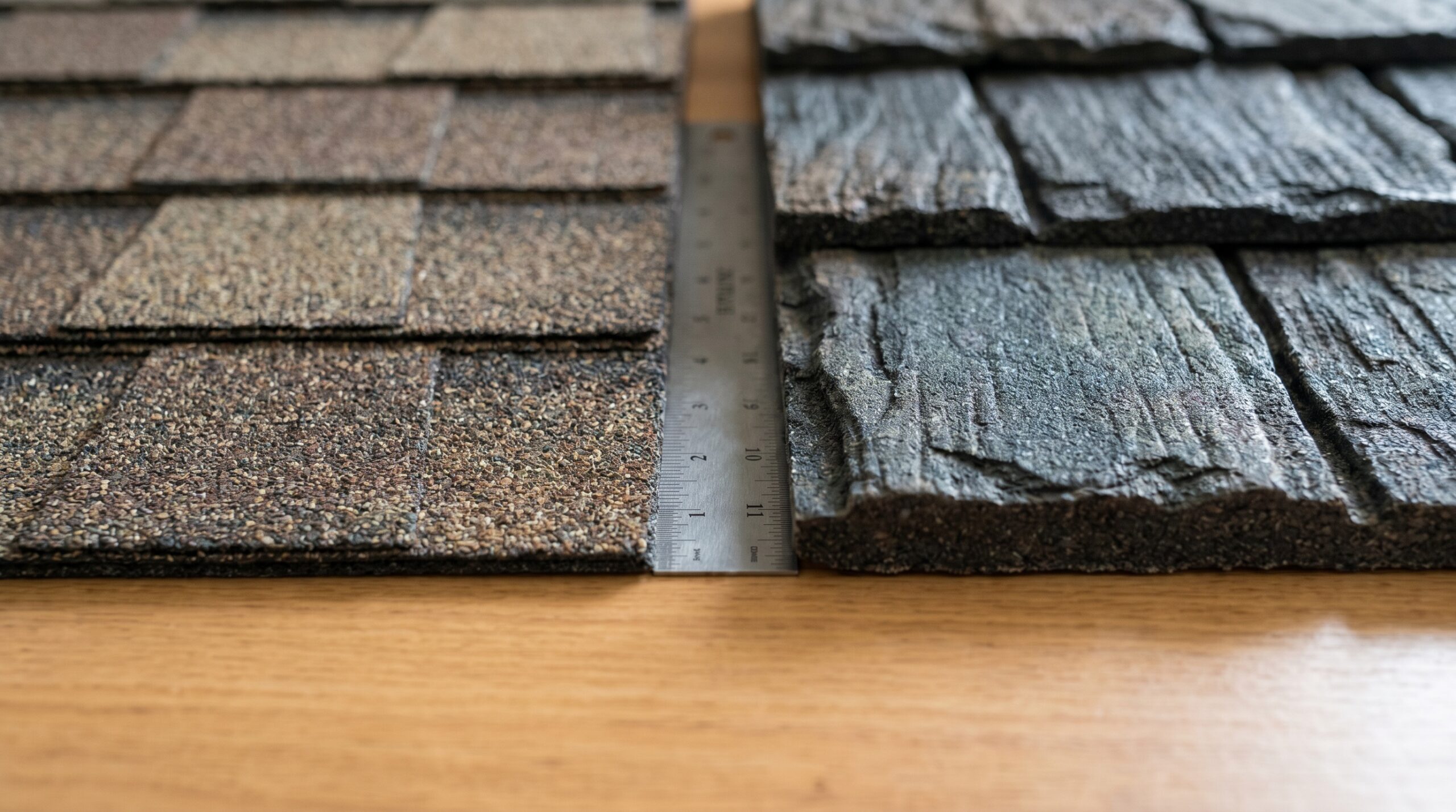 Close-up comparison of architectural vs luxury shingle texture detail