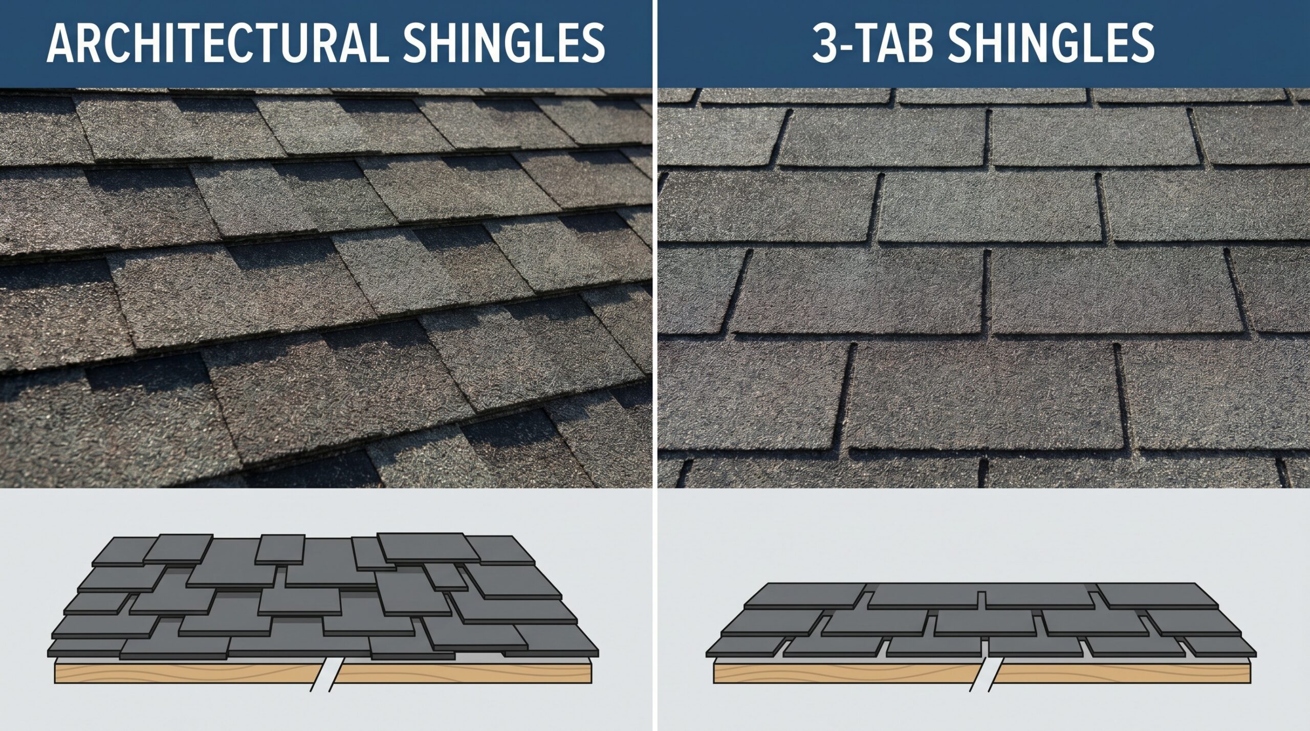 Architectural vs 3-tab shingles side by side comparison