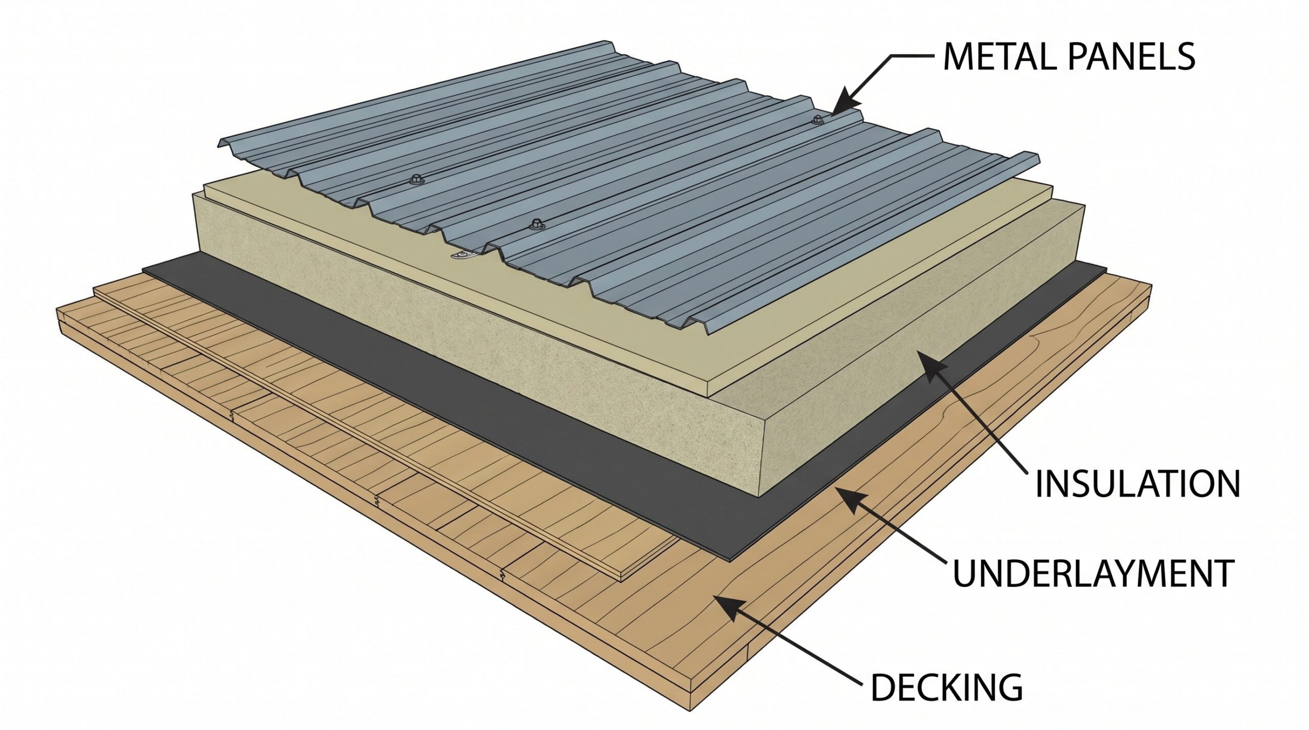 Cross-section diagram showing metal roof assembly layers including decking, underlayment, and insulation