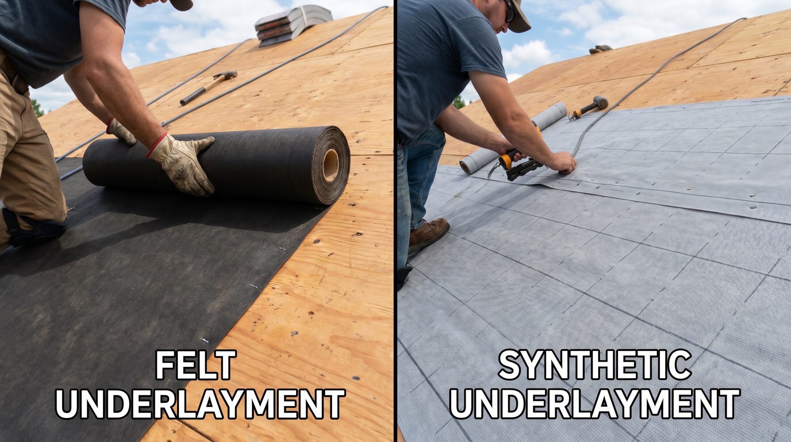 Comparison showing synthetic vs felt underlayment installation on roof decking