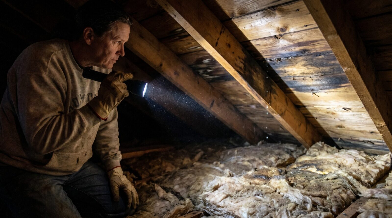 Homeowner in attic with flashlight examining roof decking and insulation for water damage