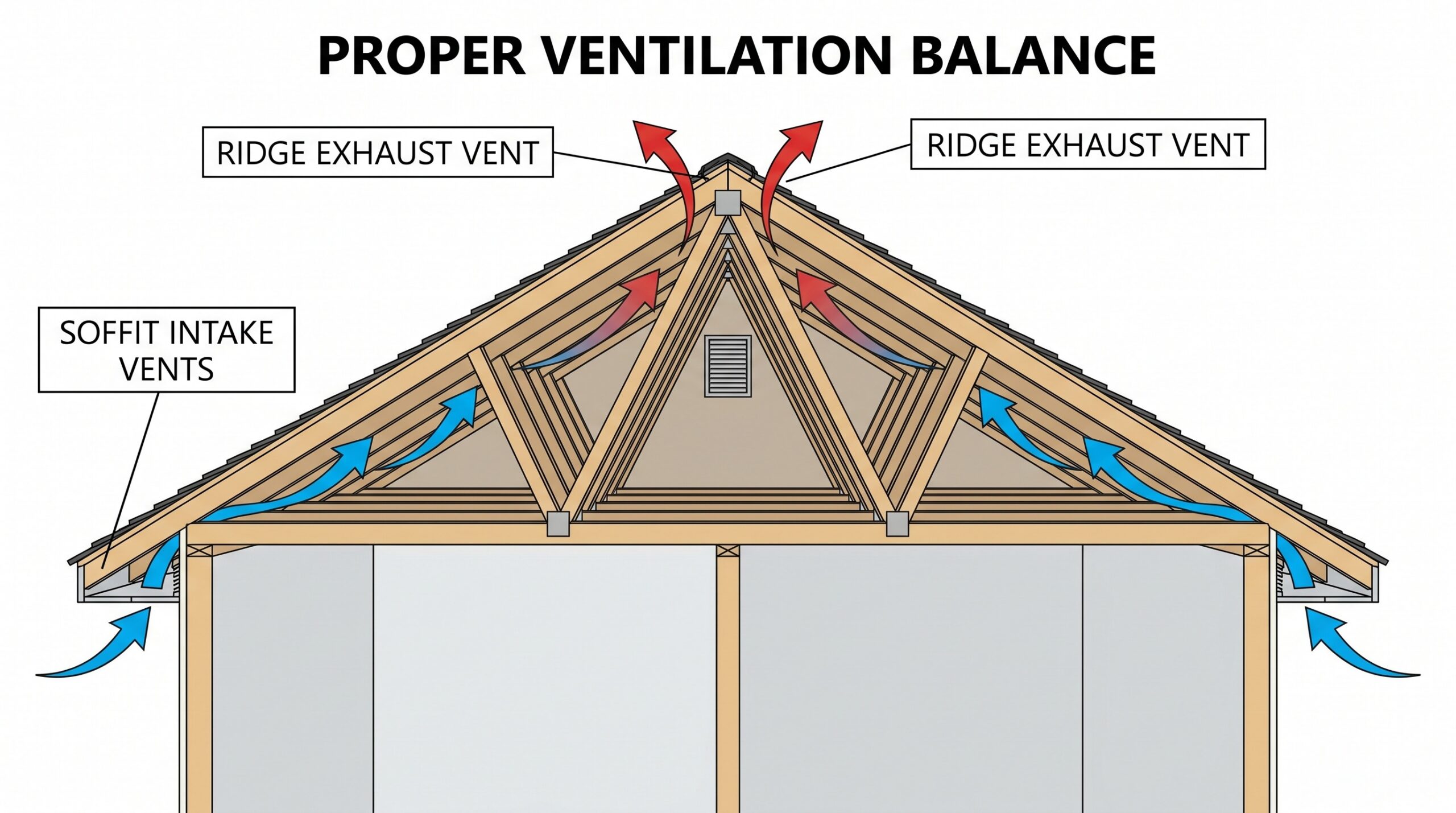 Diagram showing proper ventilation balance with arrows indicating airflow from soffit intake to ridge exhaust