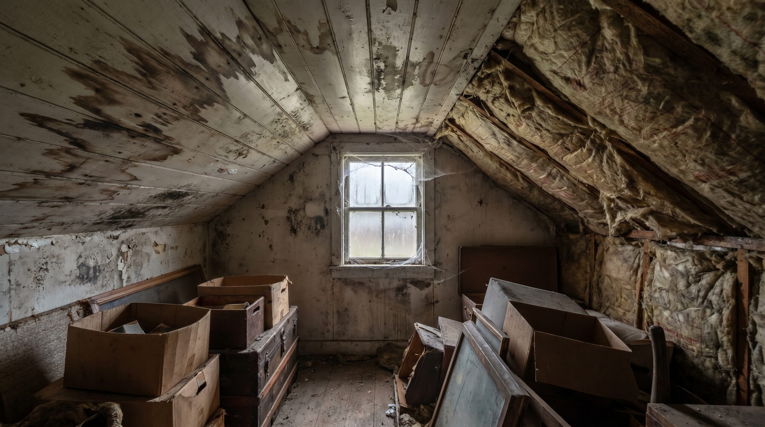 Attic interior showing water stains and poor ventilation problems